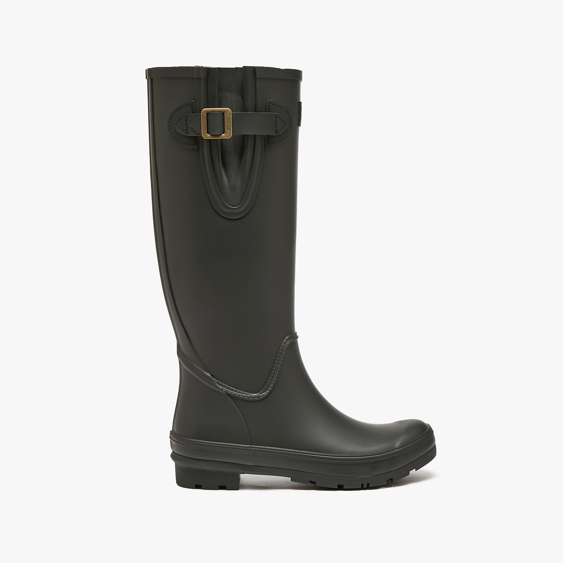 Joules HOUGHTON Womens Wellies Black side view with adjustable strap and buckle detail.