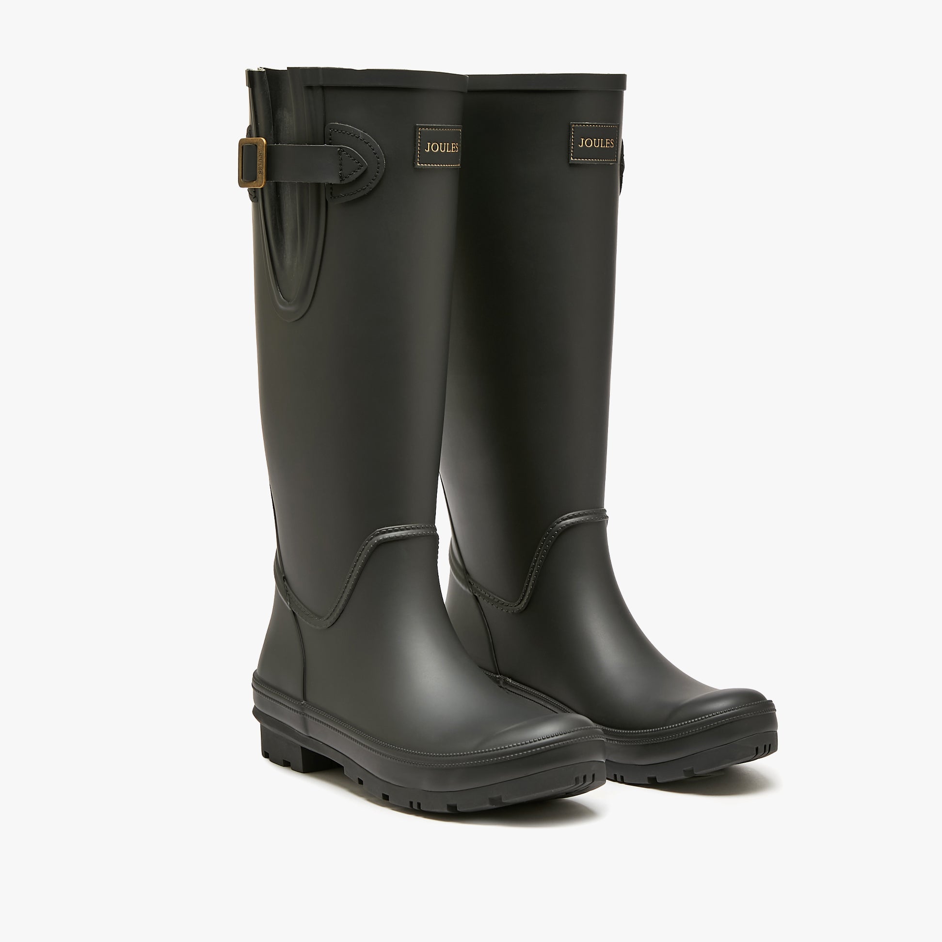Joules HOUGHTON Womens Wellies Black side view showing adjustable strap and knee-high design.