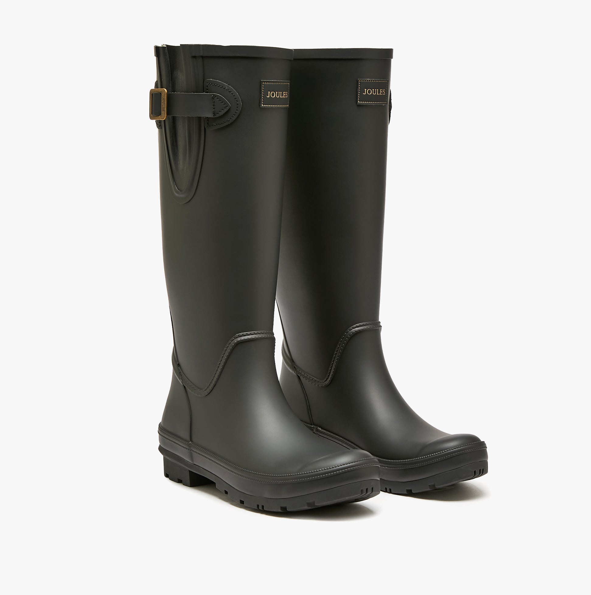 Joules HOUGHTON Womens Wellies Black side view showing adjustable strap and knee-high design.