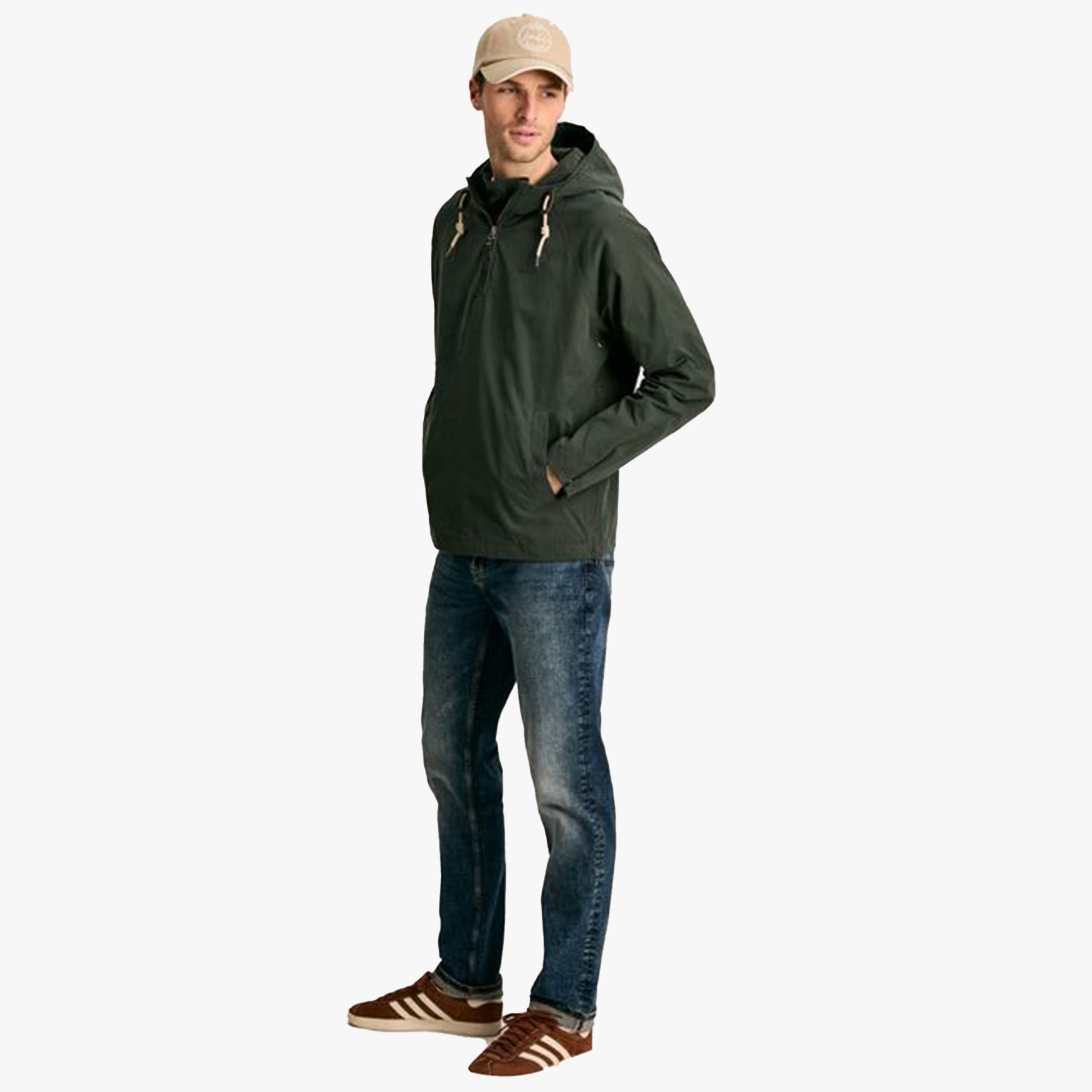 Joules TEAL WILTON Pullover Mens Dry Wax Jacket Teal front view worn by model with cap and jeans.