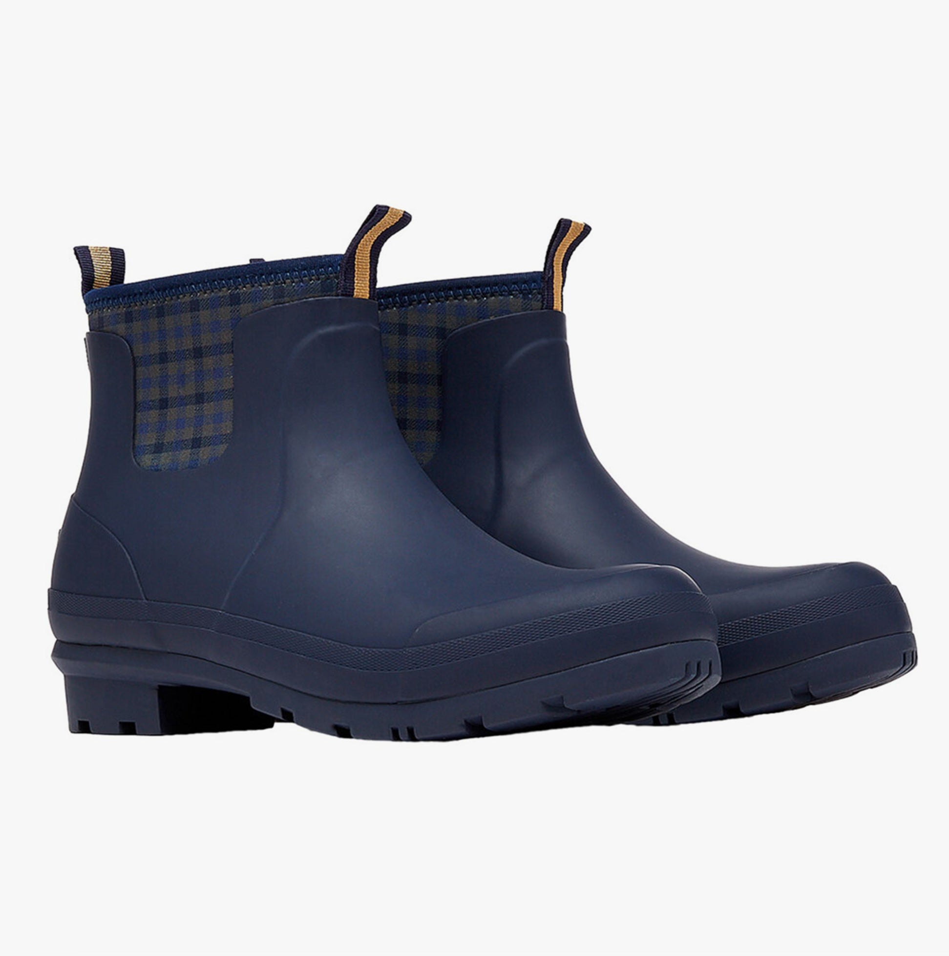 Joules FOXTON Womens Wellies Navy side view featuring rubber upper, ankle height, and plaid lining.