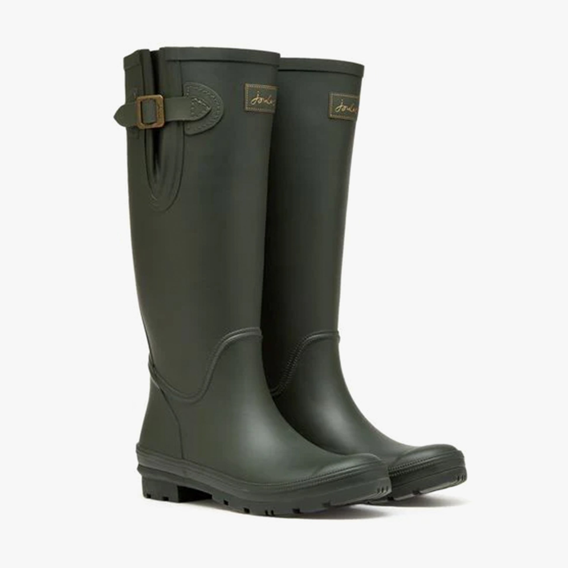 Joules HOUGHTON Womens Wellies Green side view of knee-high rubber boots with adjustable strap and buckle.