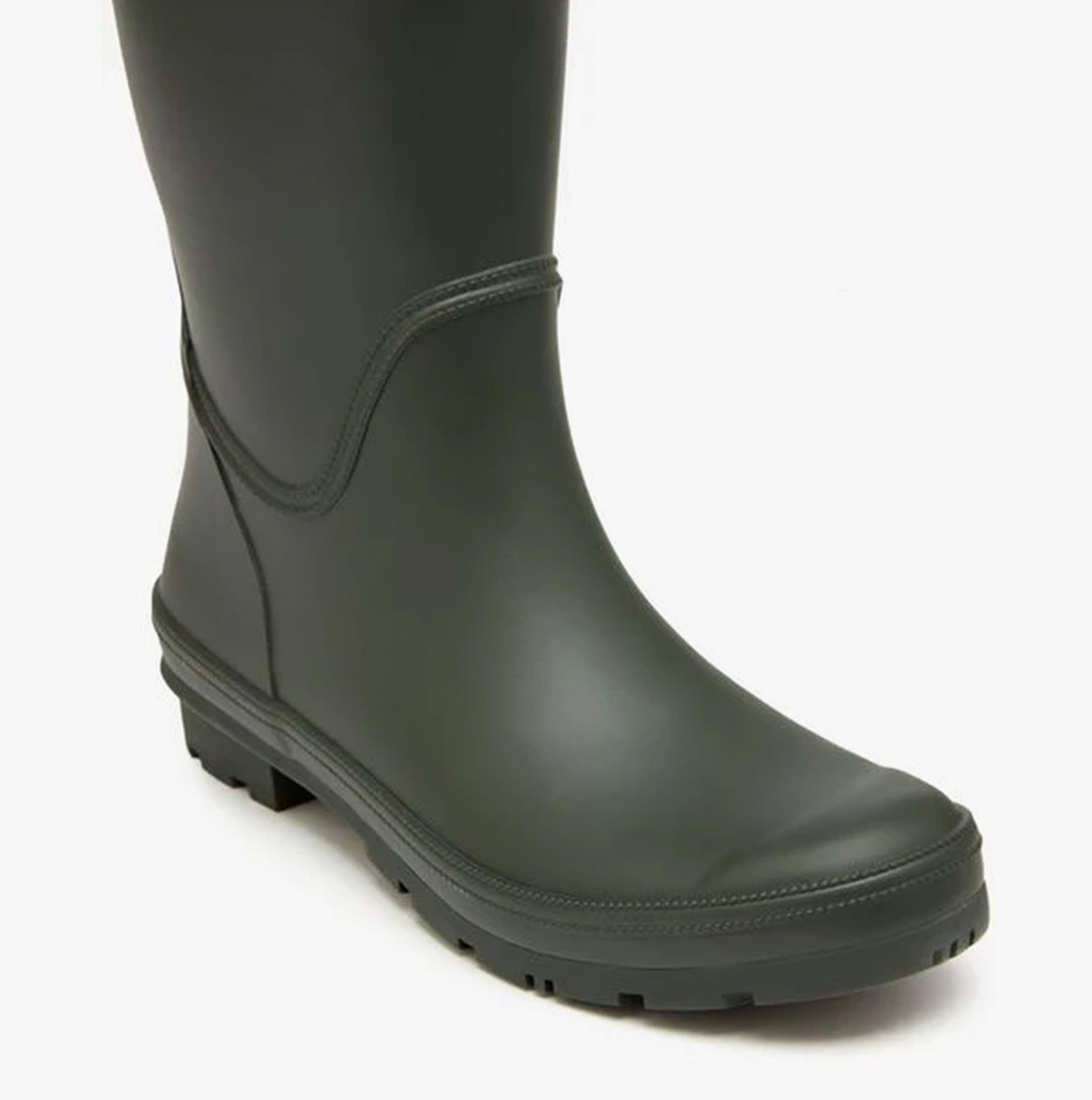 Joules HOUGHTON Womens Wellies Green detail view of the right boot showcasing the glossy rubber finish.