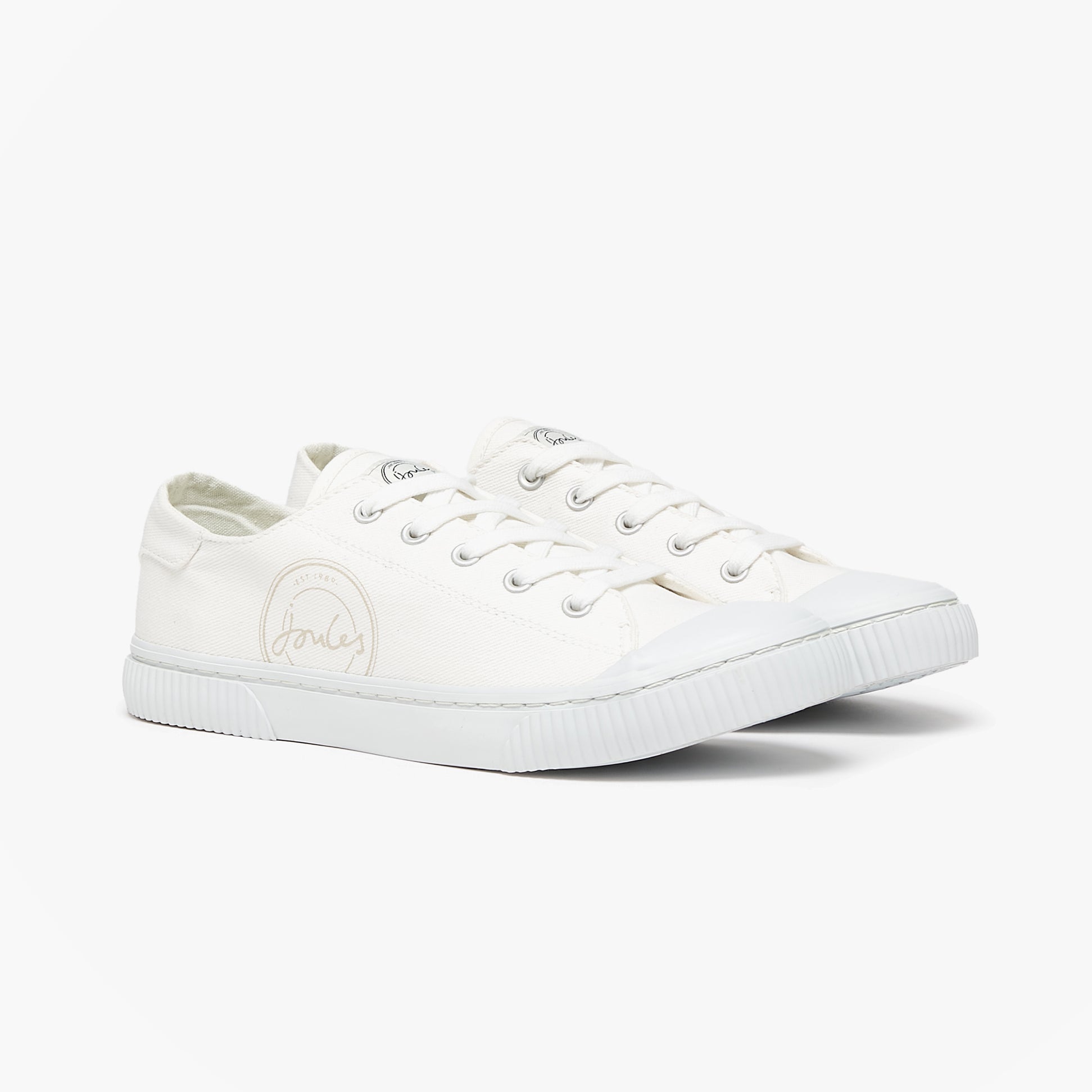 Joules COAST PUMP Womens Trainers White side view showcasing casual canvas design and lace-up closure.