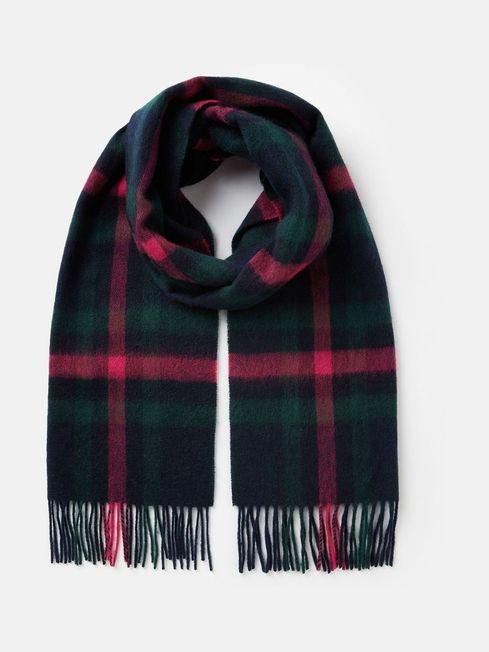 Joules LANGTREE Womens Scarf Navy Pink Check front view showcasing tasselled ends and heritage check pattern.