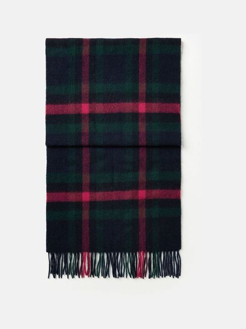 Joules LANGTREE Womens Scarf Navy Pink Check folded view showcasing heritage check pattern and tasselled ends.