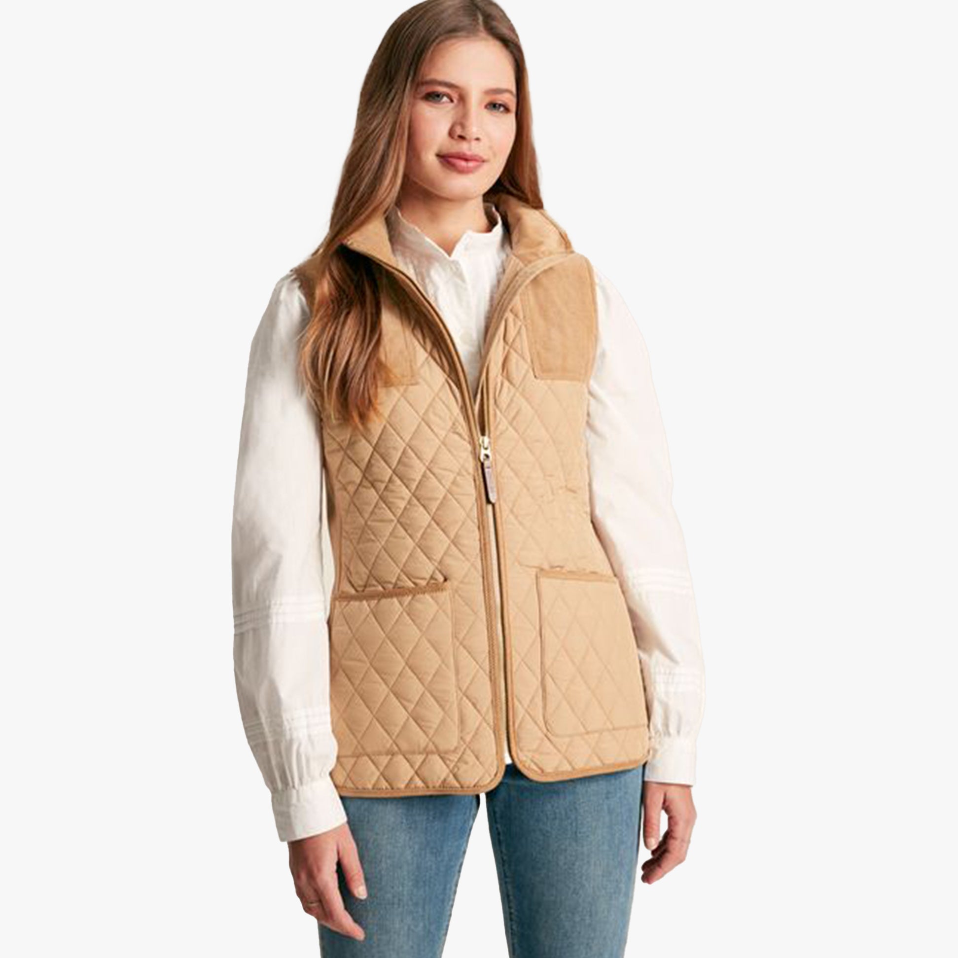 Joules STATELY Womens Quilted Gilet Beige front view showcasing zip closure and sleeveless design.