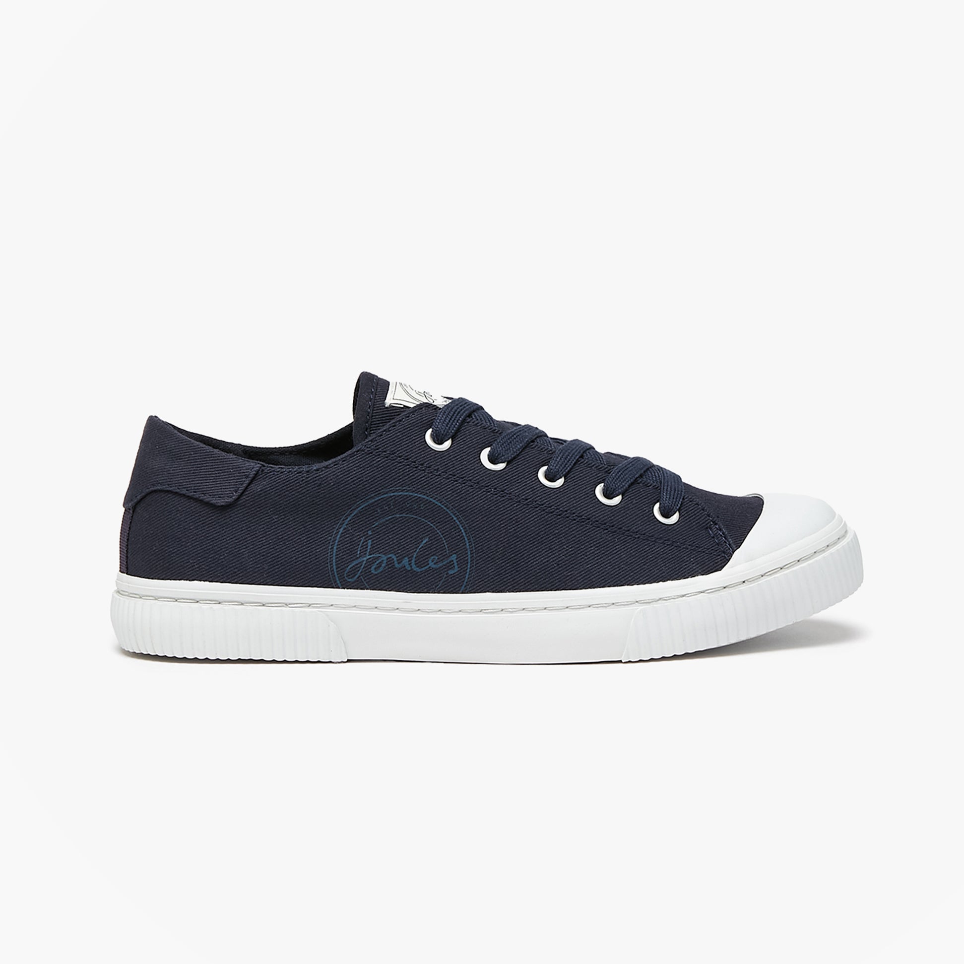 Joules COAST PUMP Womens Trainers Navy side view featuring lace-up closure and rubber sole.
