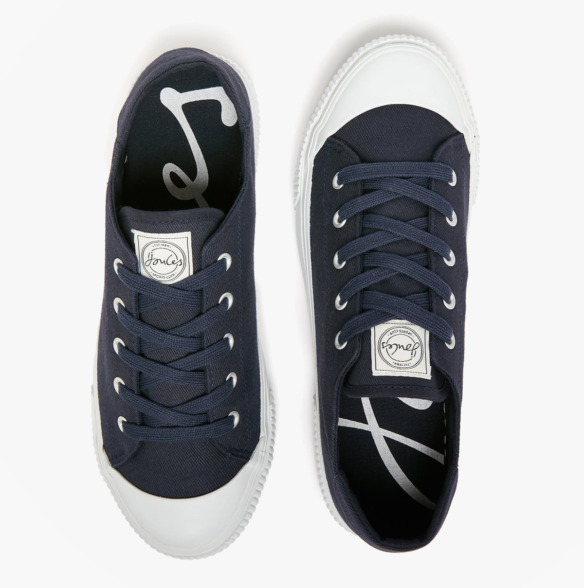 Joules COAST PUMP Womens Trainers Navy top view showcasing navy canvas upper and lace-up design.