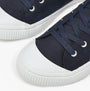 Joules COAST PUMP Womens Trainers Navy detail view showcasing lace-up design and canvas upper.