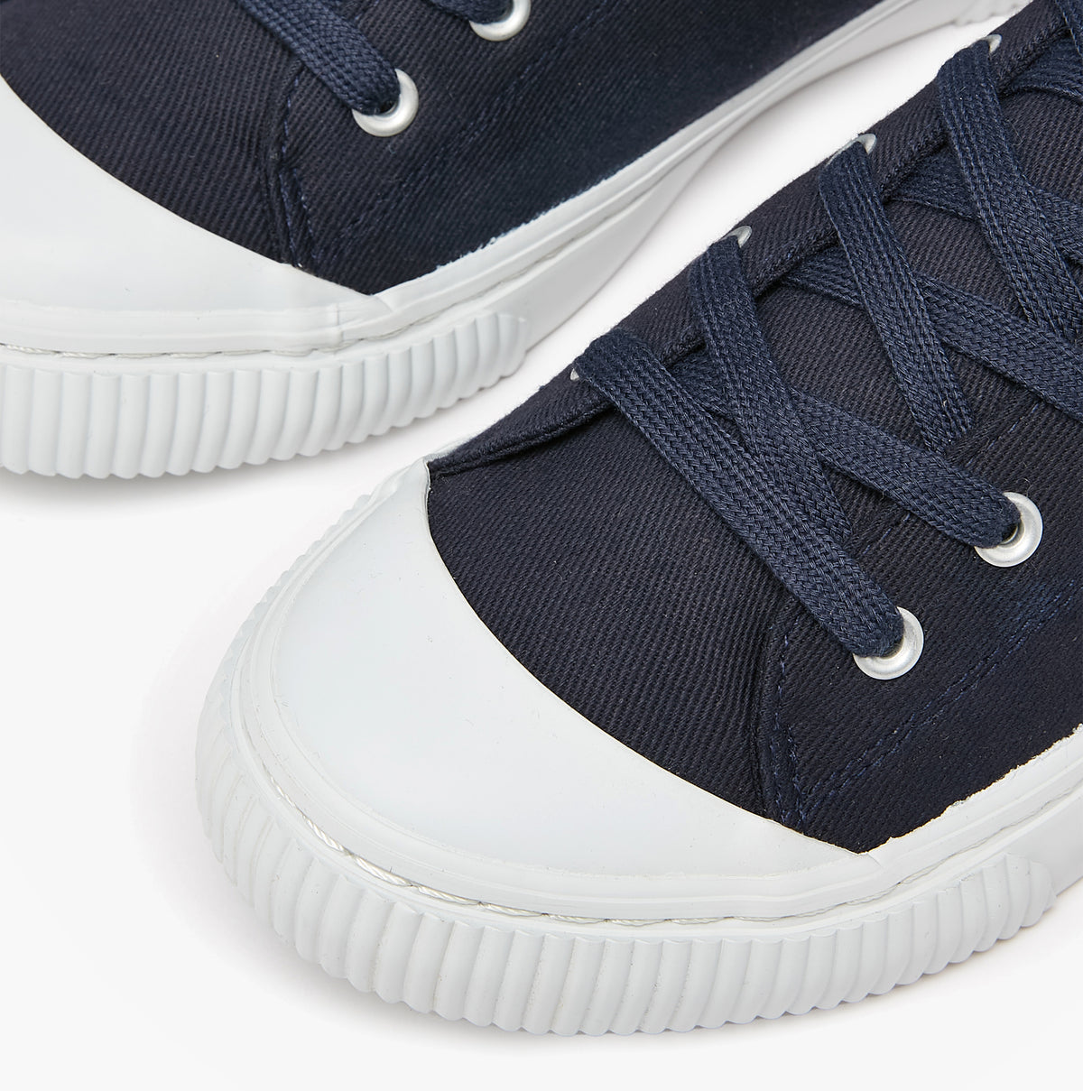 Joules COAST PUMP Womens Trainers Navy detail view showcasing lace-up design and canvas upper.