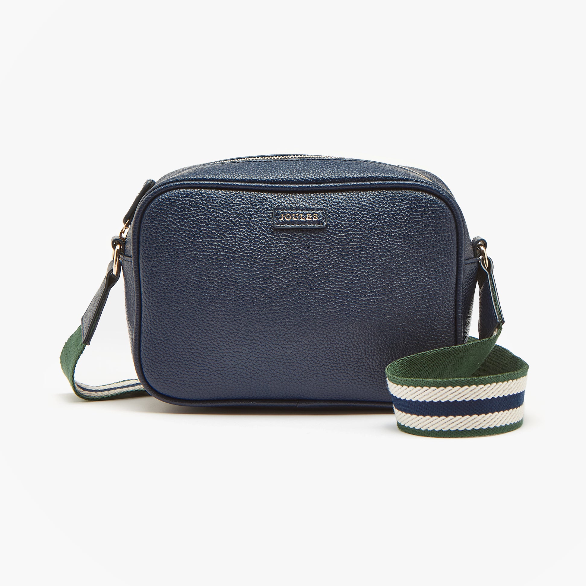 Joules TRENT Womens Crossbody Bag Navy front view with adjustable striped strap and zip closure.