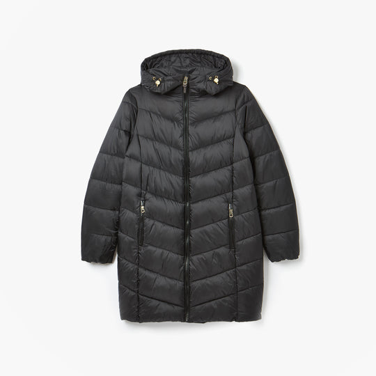 Joules MOORSDALE Womens Mid Length Showerproof Padded Coat with Hood Black front view showing zip closure and padded design.