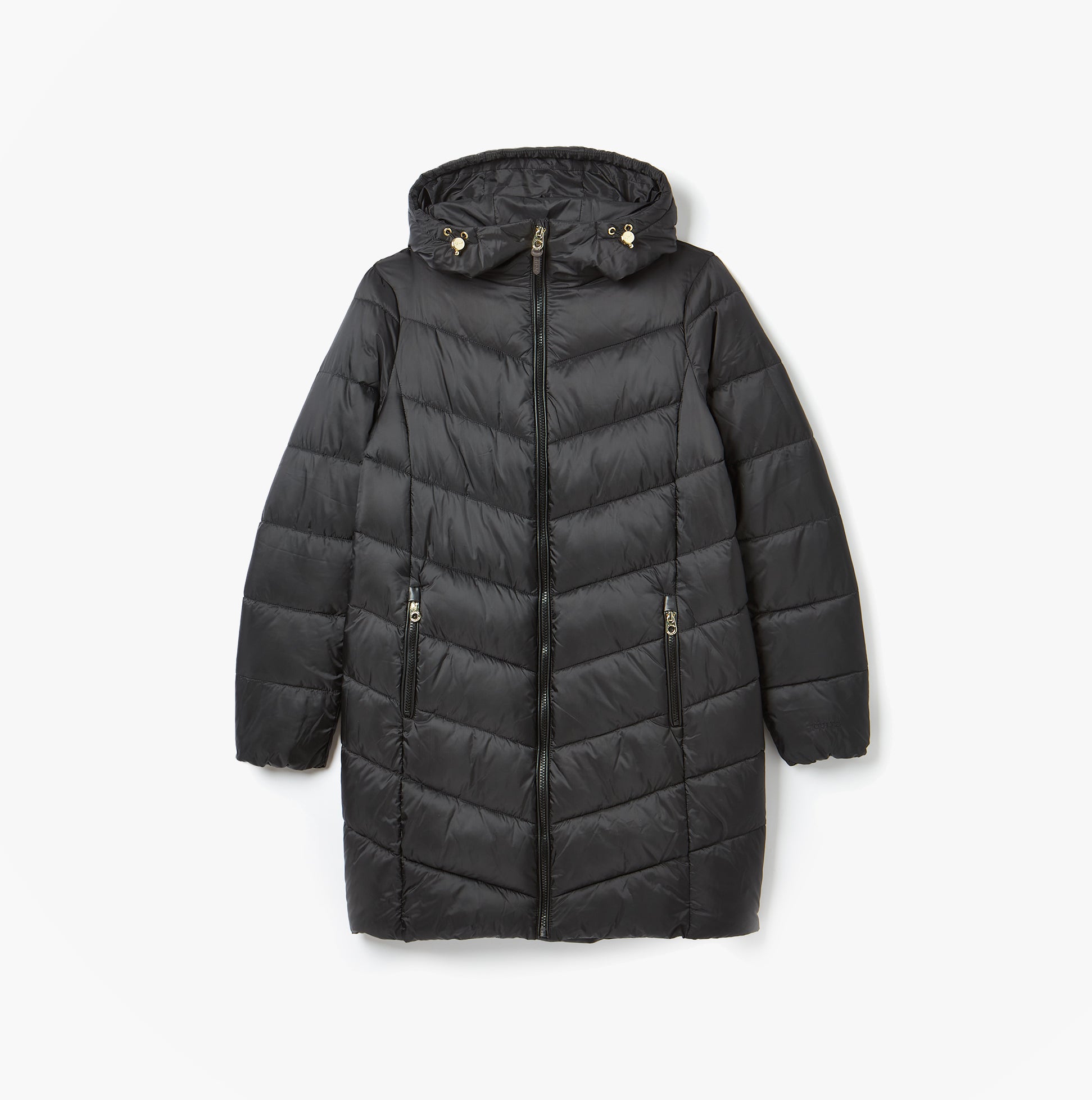 Joules MOORSDALE Womens Mid Length Showerproof Padded Coat with Hood Black front view showing zip closure and padded design.