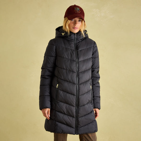 Joules MOORSDALE Womens Mid Length Showerproof Padded Coat with Hood Black front view, model wearing coat with hat.