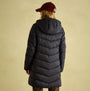 Joules MOORSDALE Womens Mid Length Showerproof Padded Coat with Hood Black back view, showcasing quilted design and hood.