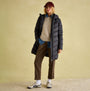 Joules MOORSDALE Womens Mid Length Showerproof Padded Coat with Hood Black, front view on model wearing it with casual outfit.