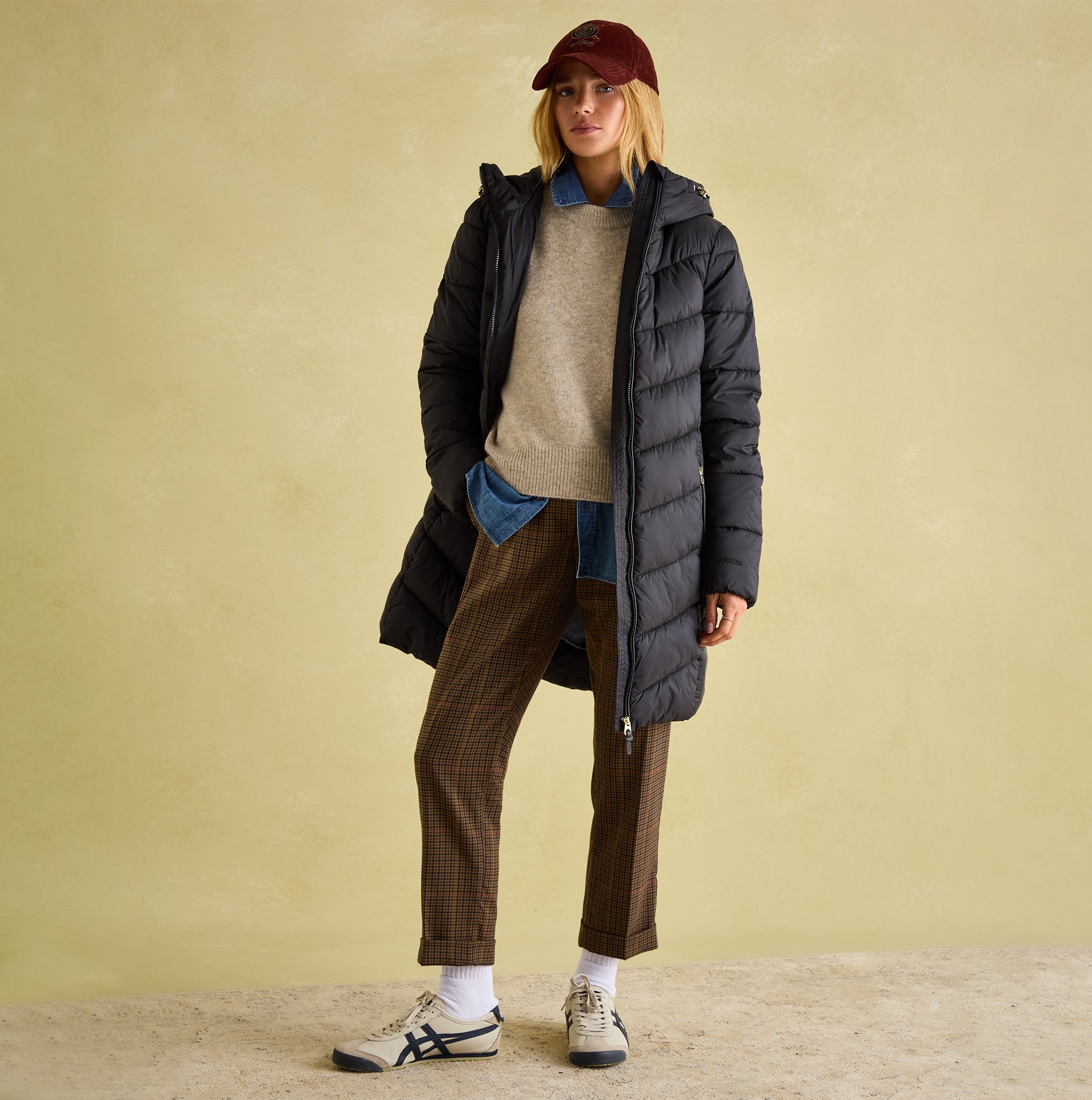 Joules MOORSDALE Womens Mid Length Showerproof Padded Coat with Hood Black, front view on model wearing it with casual outfit.