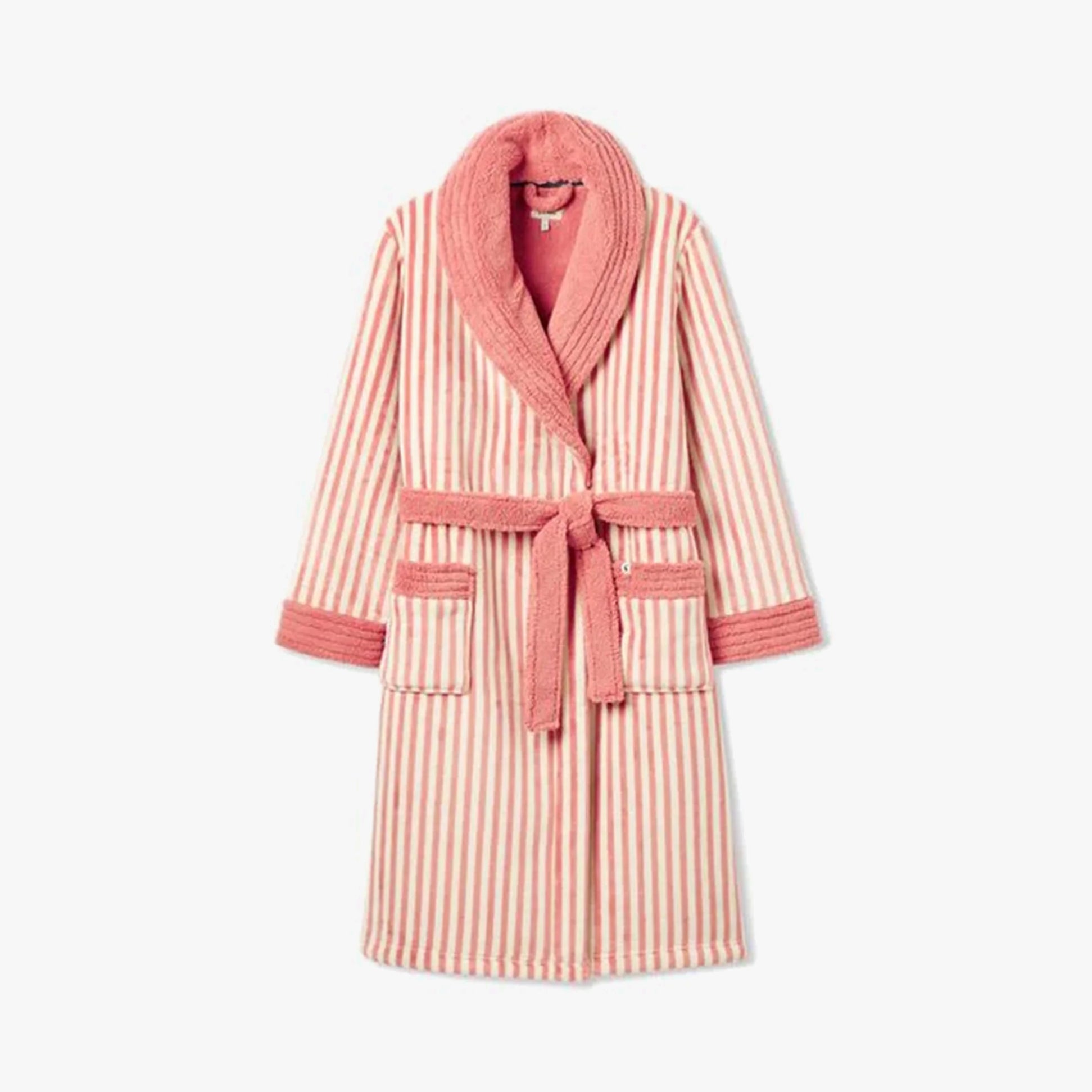 Joules MATILDA Womens Night Gown Pink Stripe front view, featuring fleece, lapel collar, and two patch pockets.