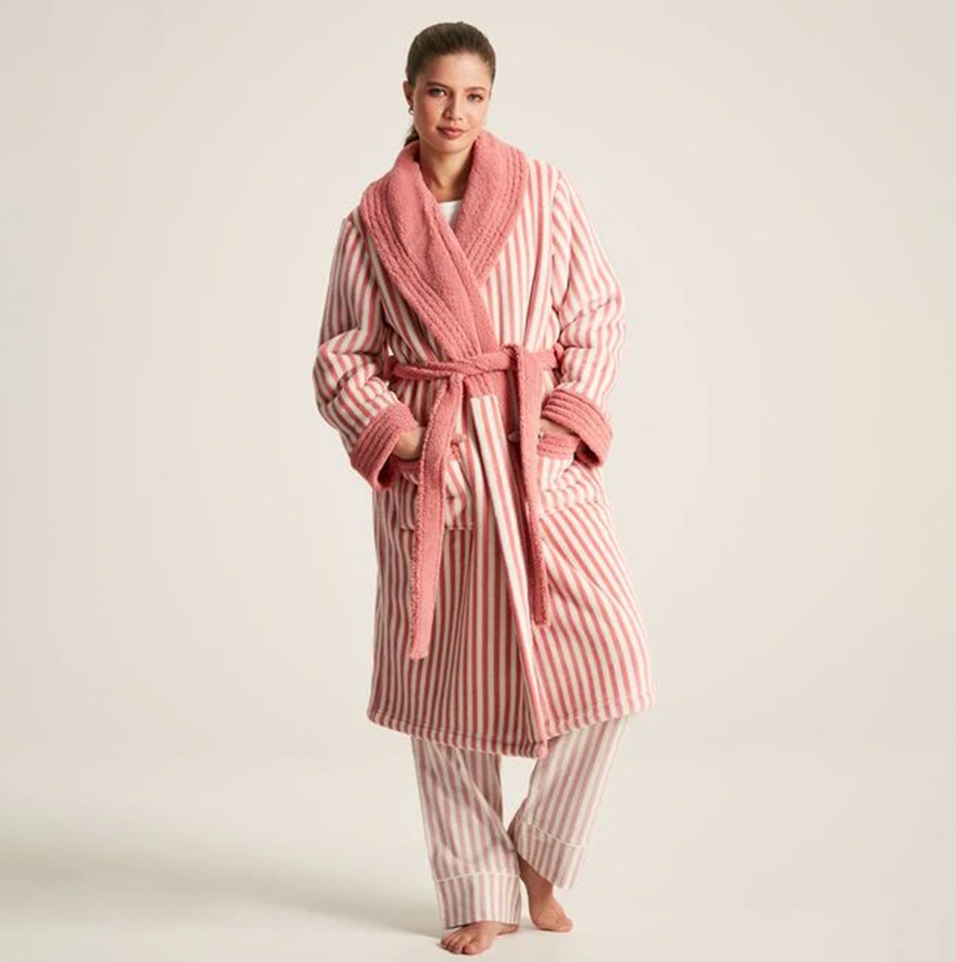 Joules MATILDA Womens Night Gown Pink Stripe front view showcasing comfortable fleece material and lapel collar.