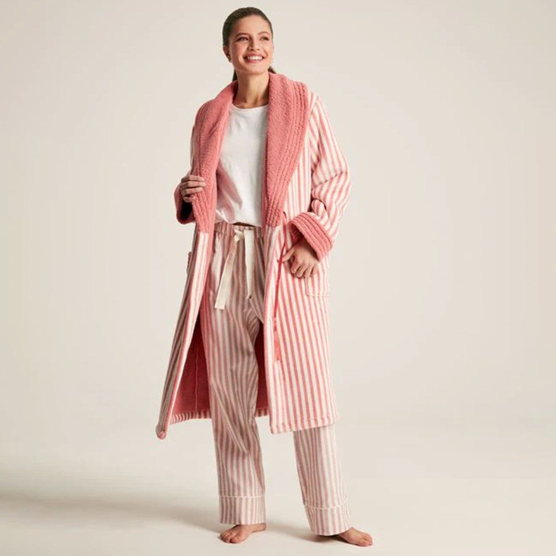 Joules MATILDA Womens Night Gown Pink Stripe front view with pink stripe detailing and lapel collar.