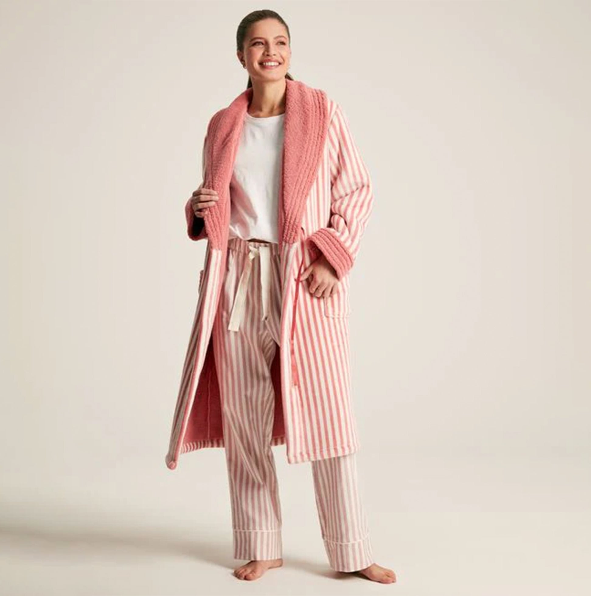 Joules MATILDA Womens Night Gown Pink Stripe front view with pink stripe detailing and lapel collar.