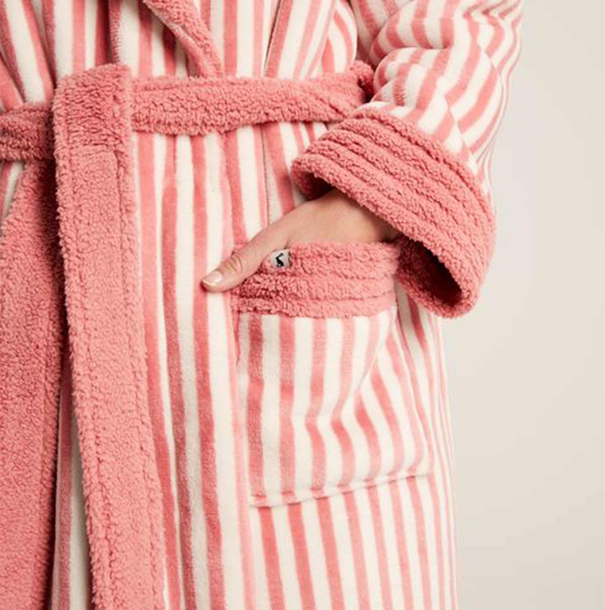 Joules MATILDA Womens Night Gown Pink Stripe detail view showcasing soft fleece fabric and side pocket.