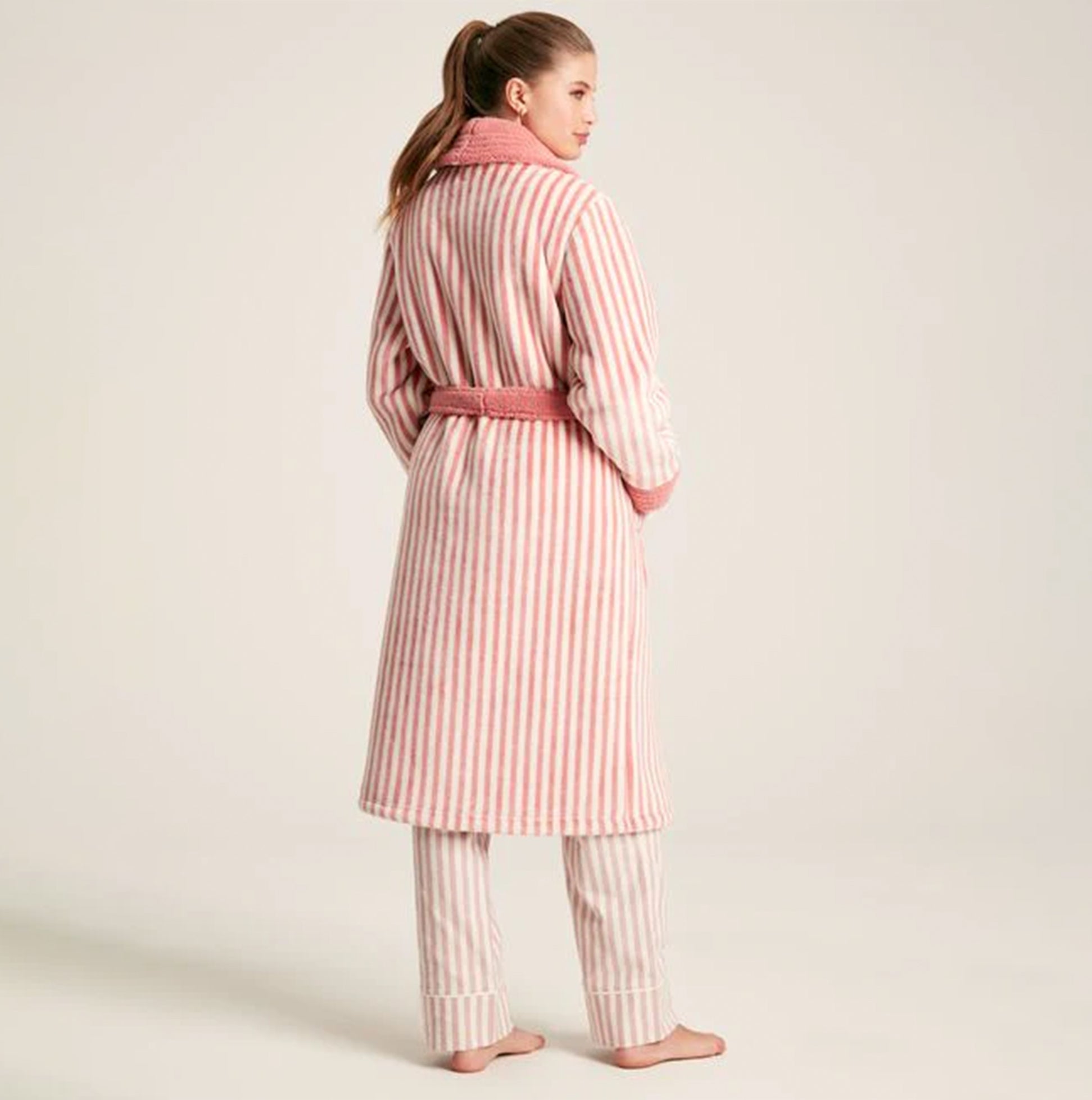 Joules MATILDA Womens Night Gown Pink Stripe back view with long sleeves and lapel collar.