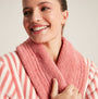 Joules MATILDA Womens Night Gown Pink Stripe close-up view of woman wearing soft pink striped bathrobe with lapel collar.