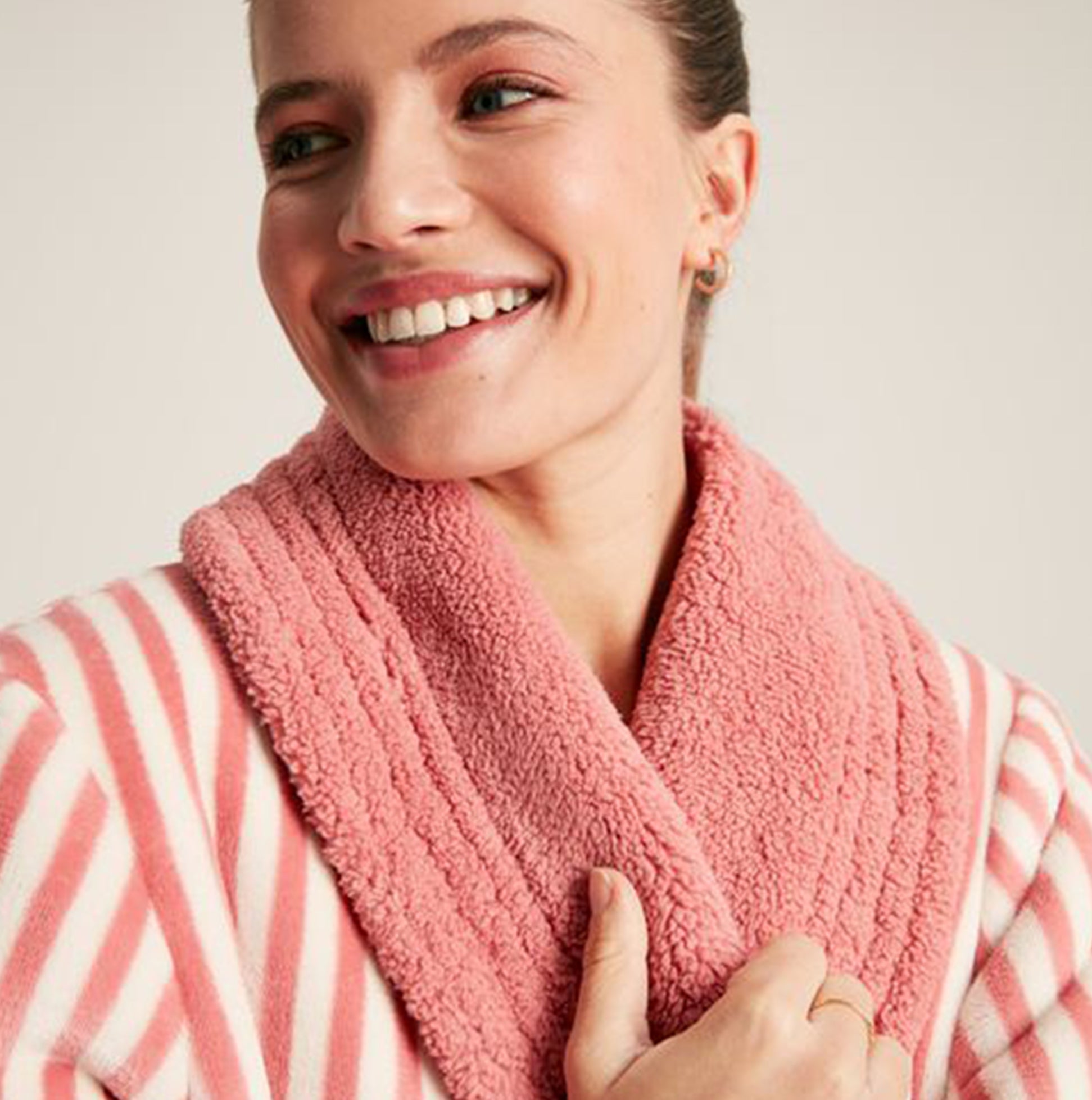 Joules MATILDA Womens Night Gown Pink Stripe close-up view of woman wearing soft pink striped bathrobe with lapel collar.