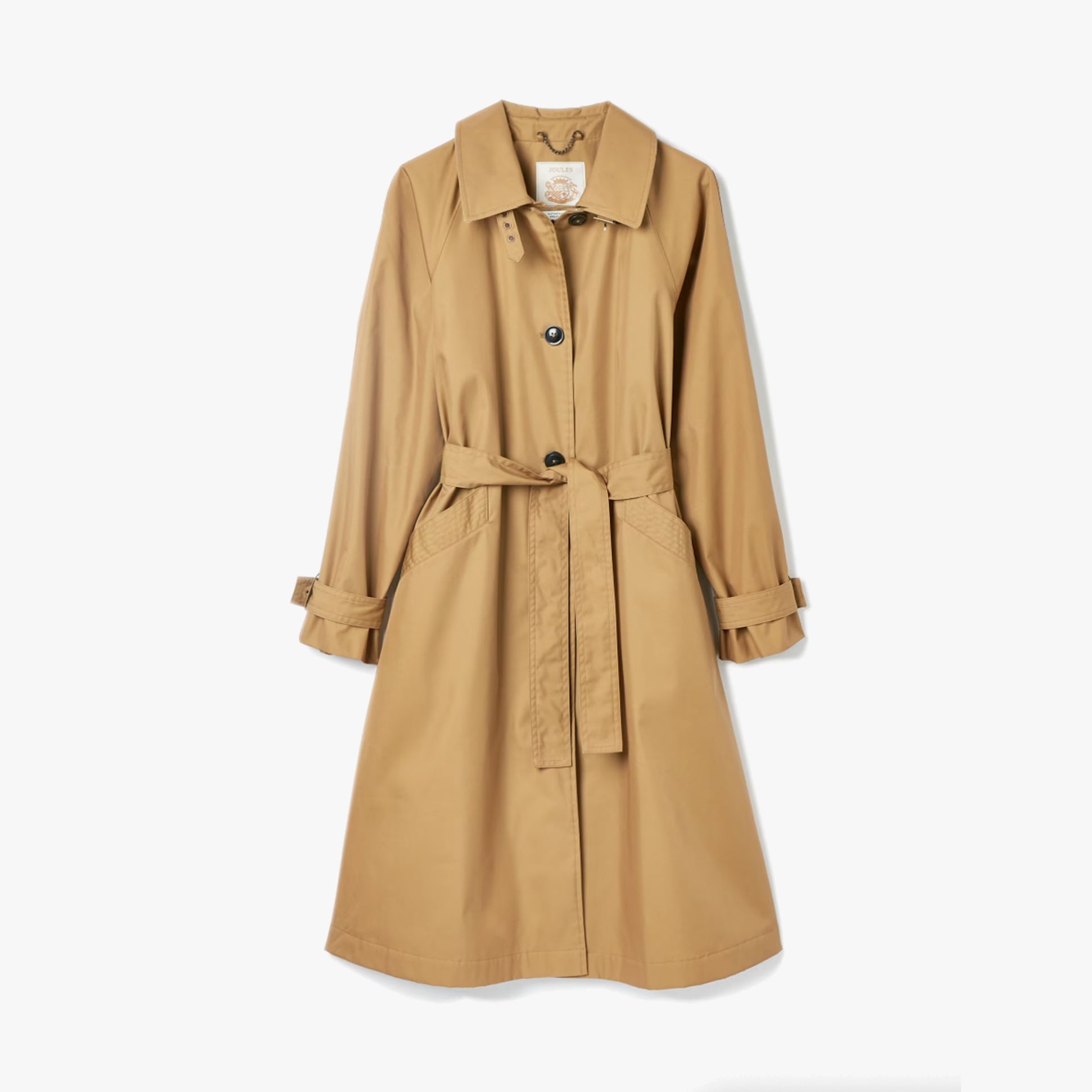 Joules Epwell Womens Waterproof Belted Trench Coat Brown front view showcasing button closure and belt.