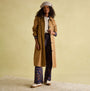 Joules Epwell Womens Waterproof Belted Trench Coat Brown front view worn by model, showing stylish longline design and button closure.
