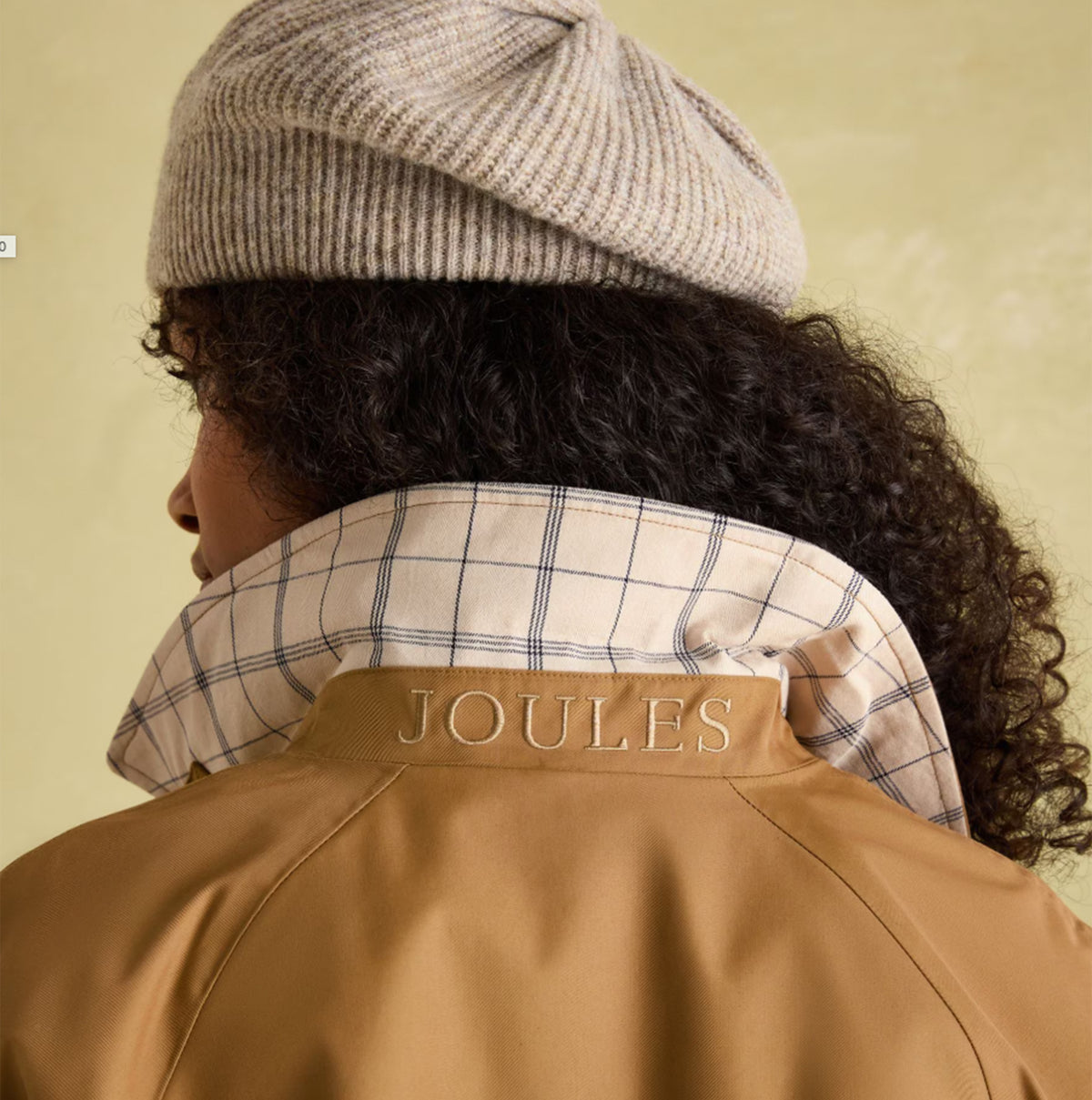 Joules Epwell Womens Waterproof Belted Trench Coat Brown back view with logo and plaid collar detail.