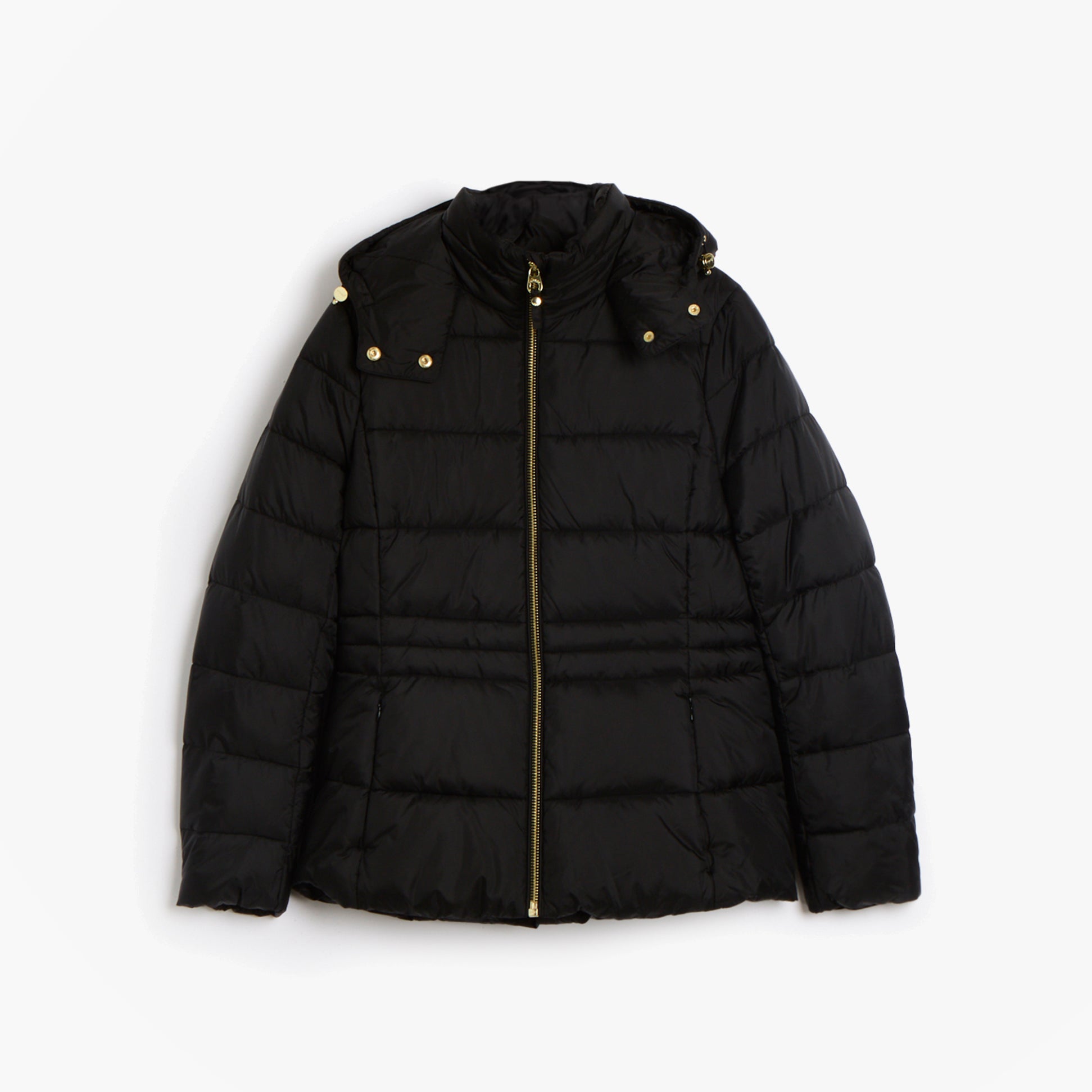 Joules HADLOW Womens Showerproof Padded Coat with Hood Black front view, featuring zip closure and padded design.