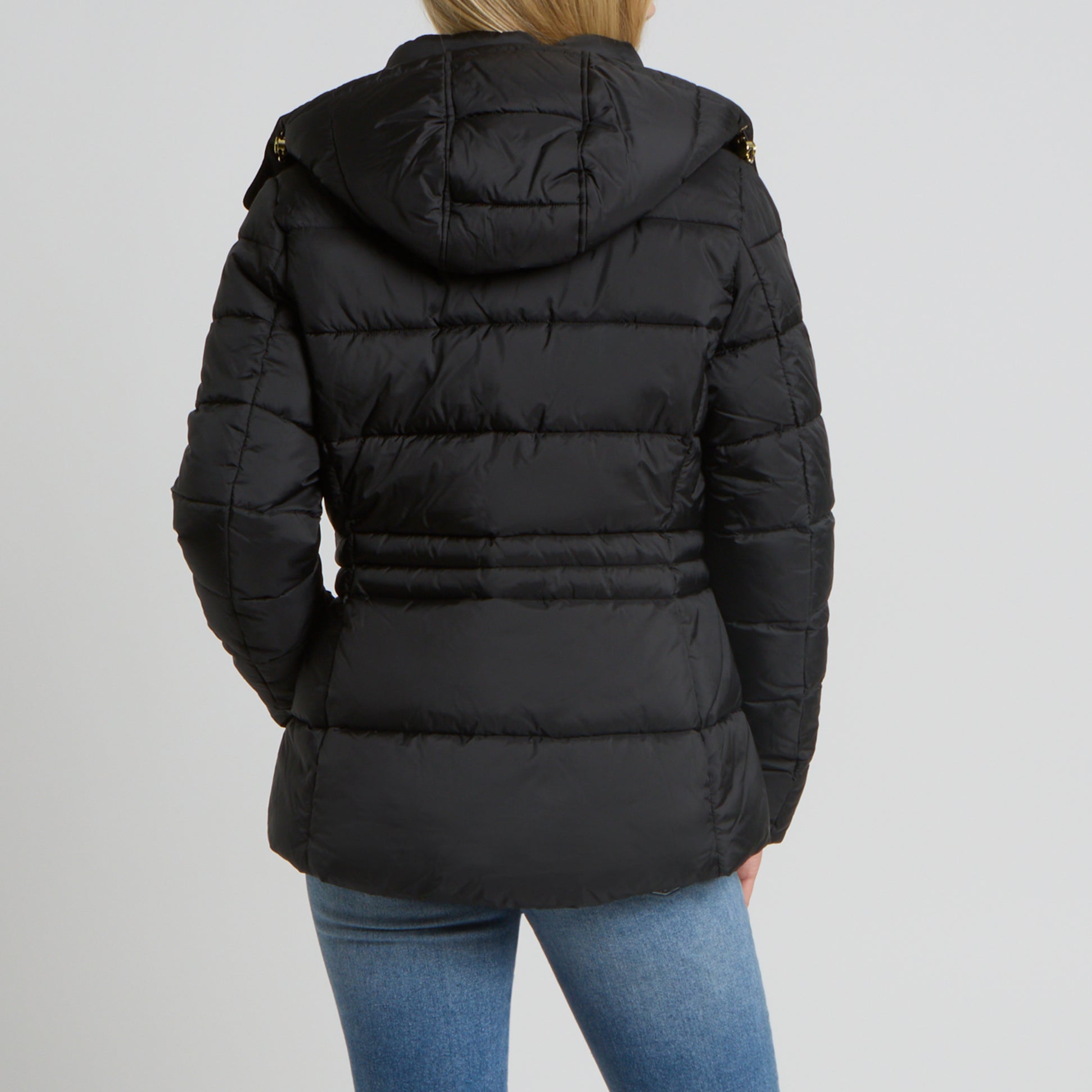 Joules HADLOW Womens Showerproof Padded Coat with Hood Black, back view showcasing the padded design and hood.