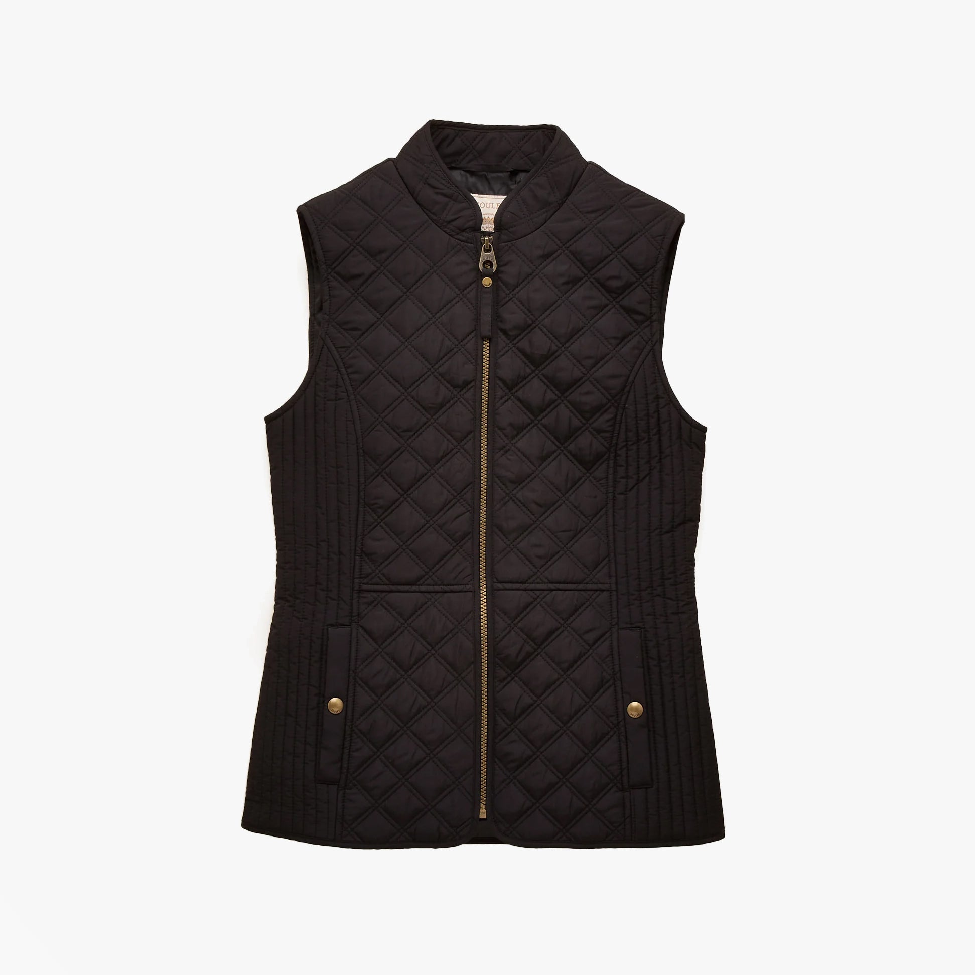 Joules MINX Womens Showerproof Quilted Gilet Black front view, zip closure, sleeveless, 100% recycled polyester.