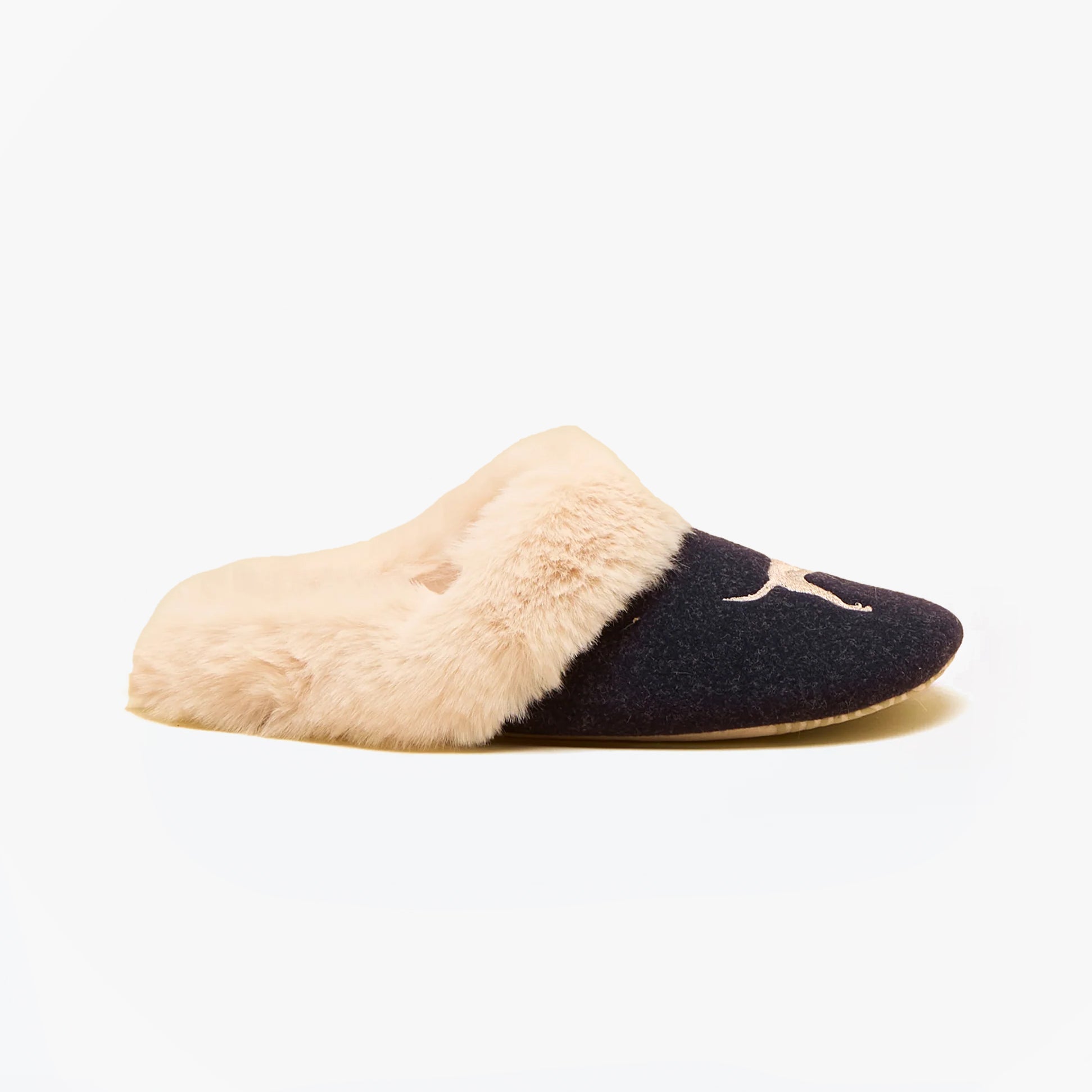 Joules SLIPPET Womens Mule Slippers Navy side view showcasing plush lining and sleek design.