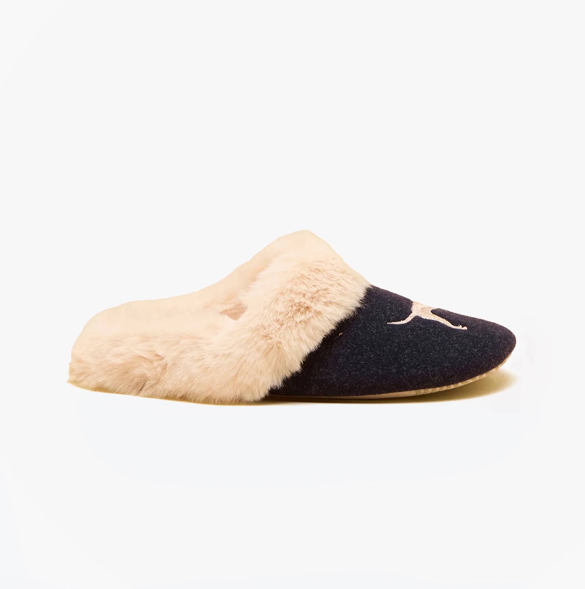 Joules SLIPPET Womens Mule Slippers Navy side view showcasing plush lining and sleek design.