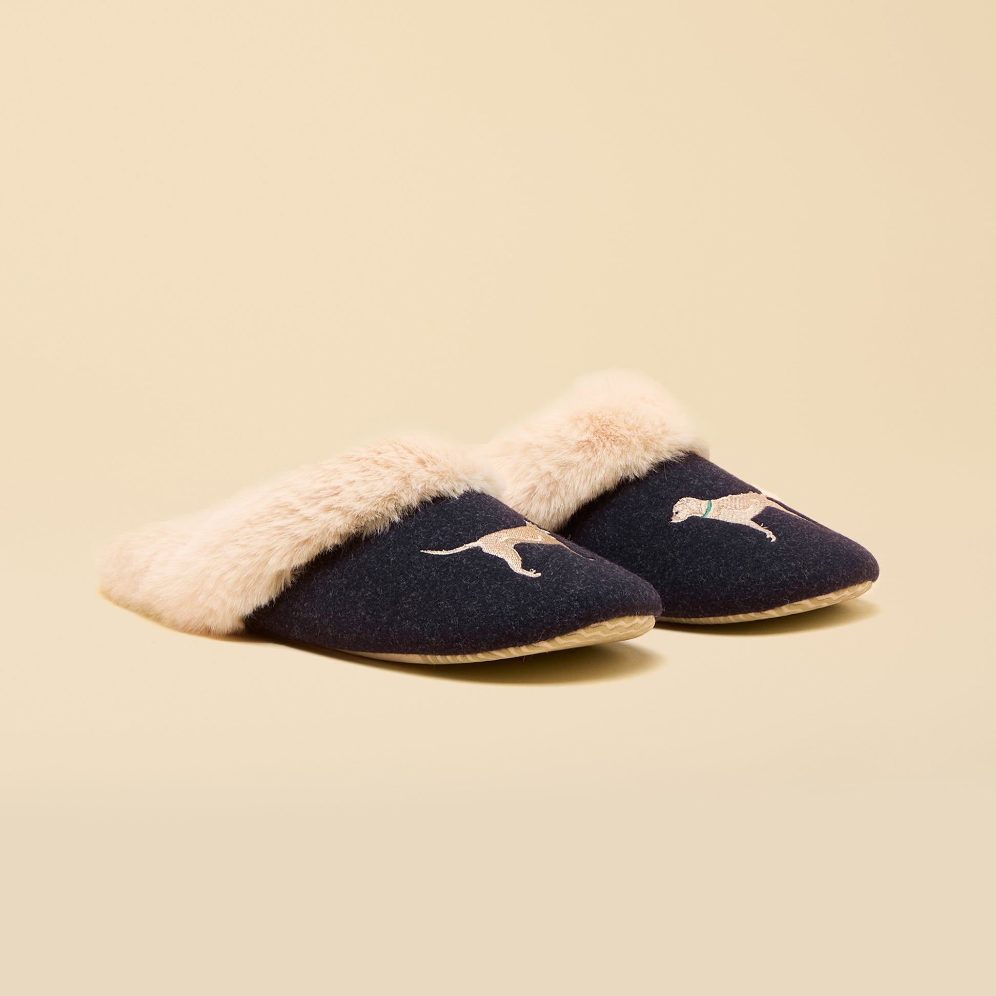Joules SLIPPET Womens Mule Slippers Navy side view featuring soft fur lining and dog design.