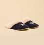 Joules SLIPPET Womens Mule Slippers Navy side view featuring soft fur lining and dog design.