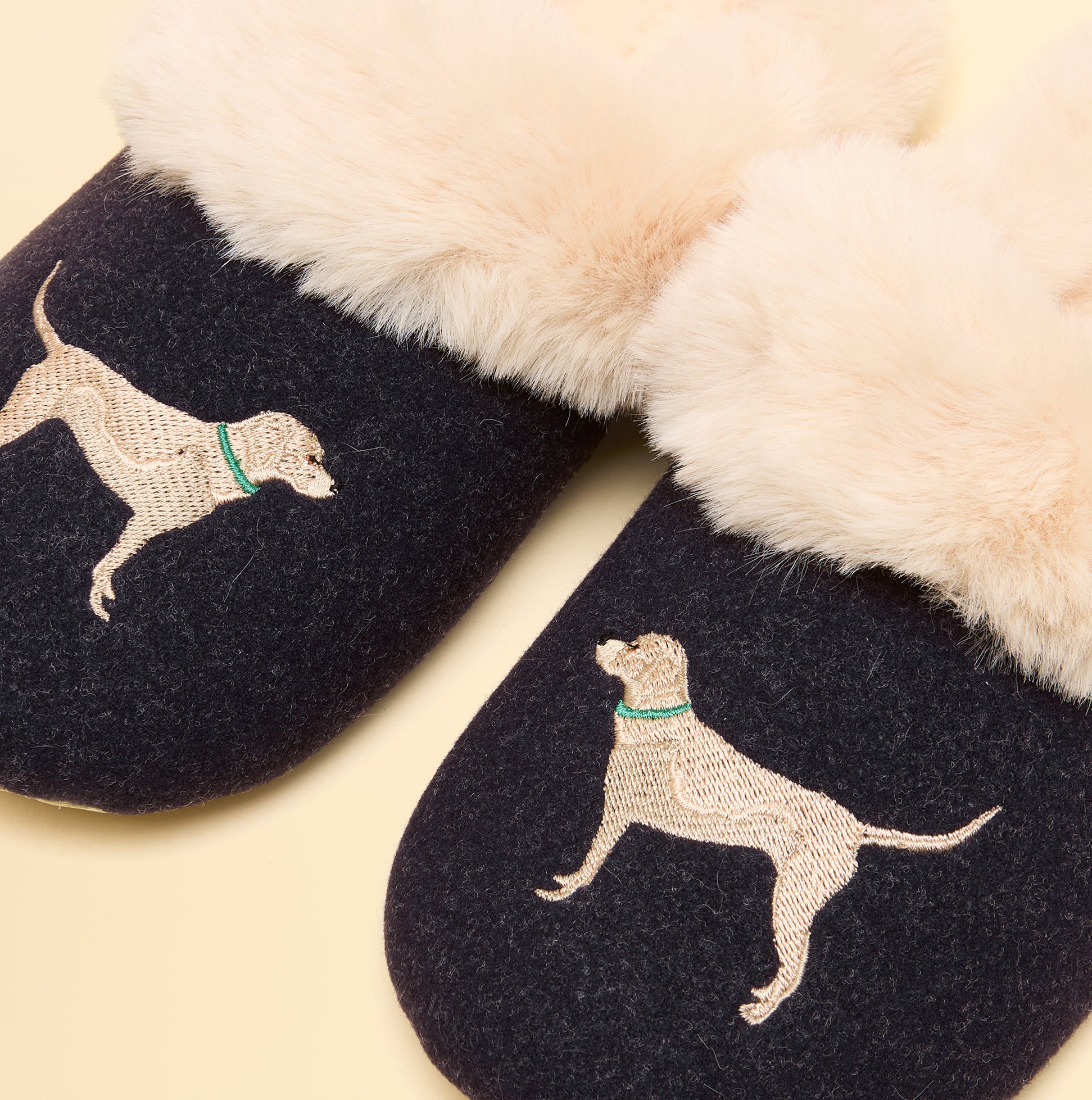 Joules SLIPPET Womens Mule Slippers Navy front view with dog embroidery and plush lining.