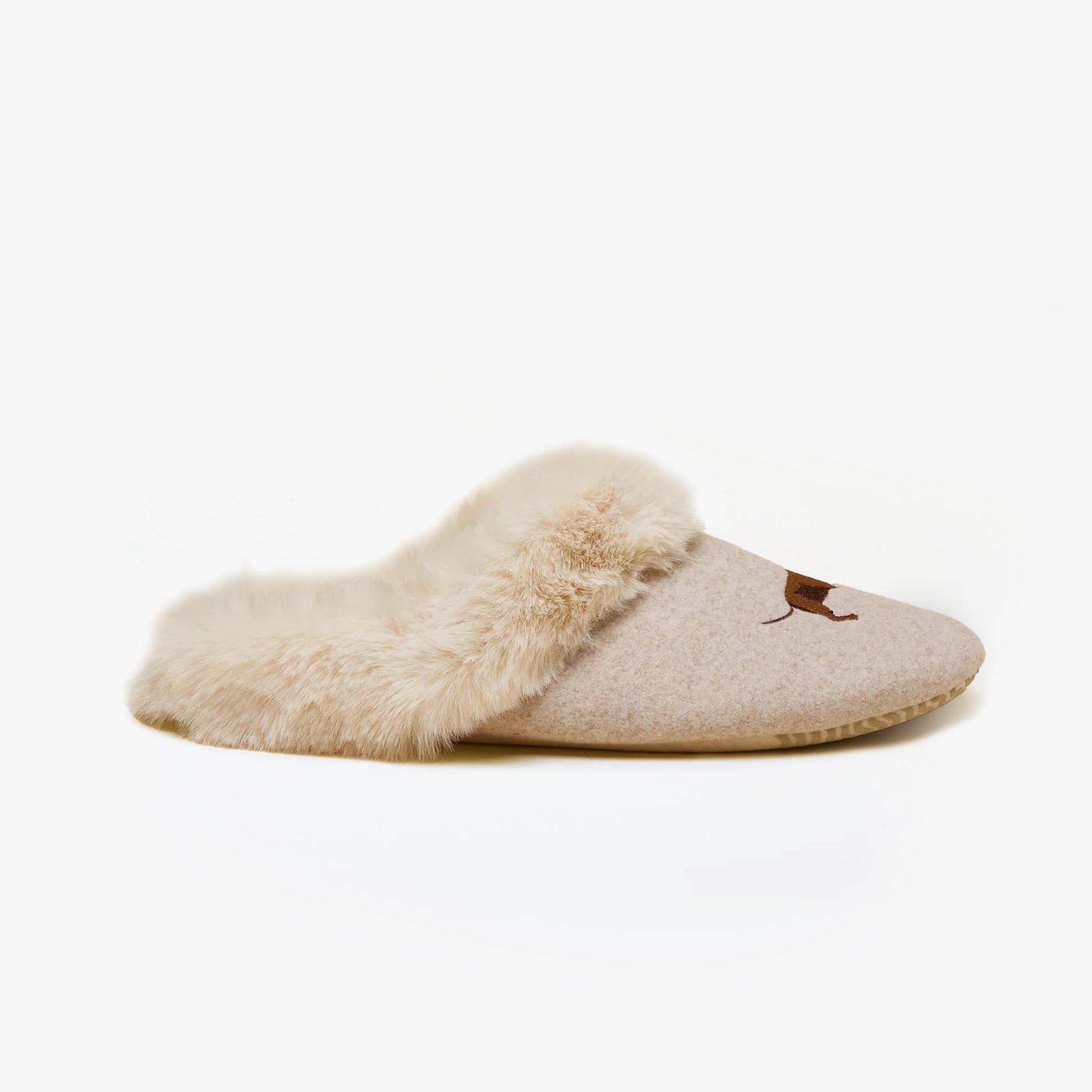 Joules SLIPPET Womens Mule Slippers Oatmeal side view showing soft fur lining and round toe design.