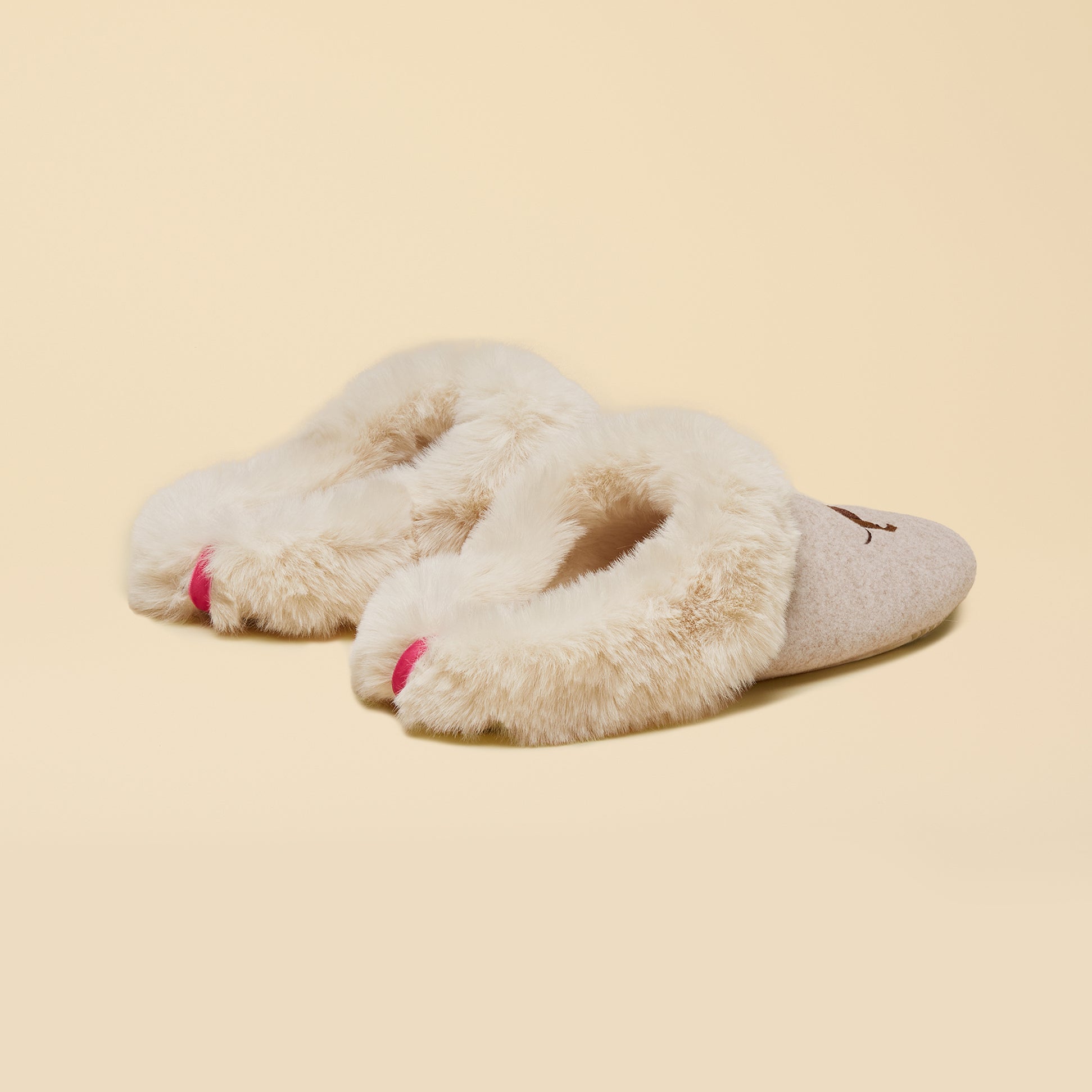 Joules SLIPPET Womens Mule Slippers Oatmeal side view display showing soft textile upper and plush lining