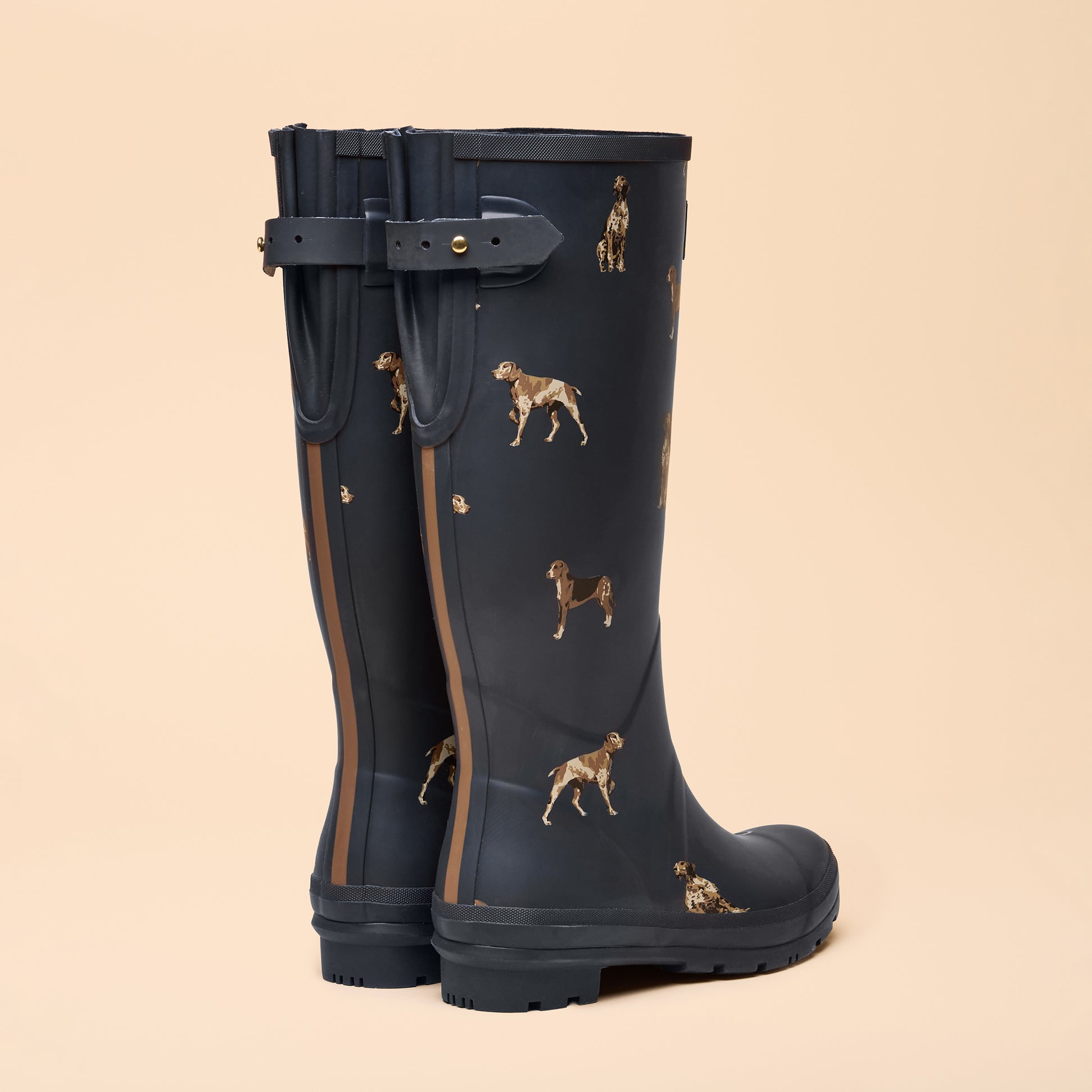 Joules WELLY PRINT Womens Wellington Boots Navy back view featuring dog prints on rubber material.