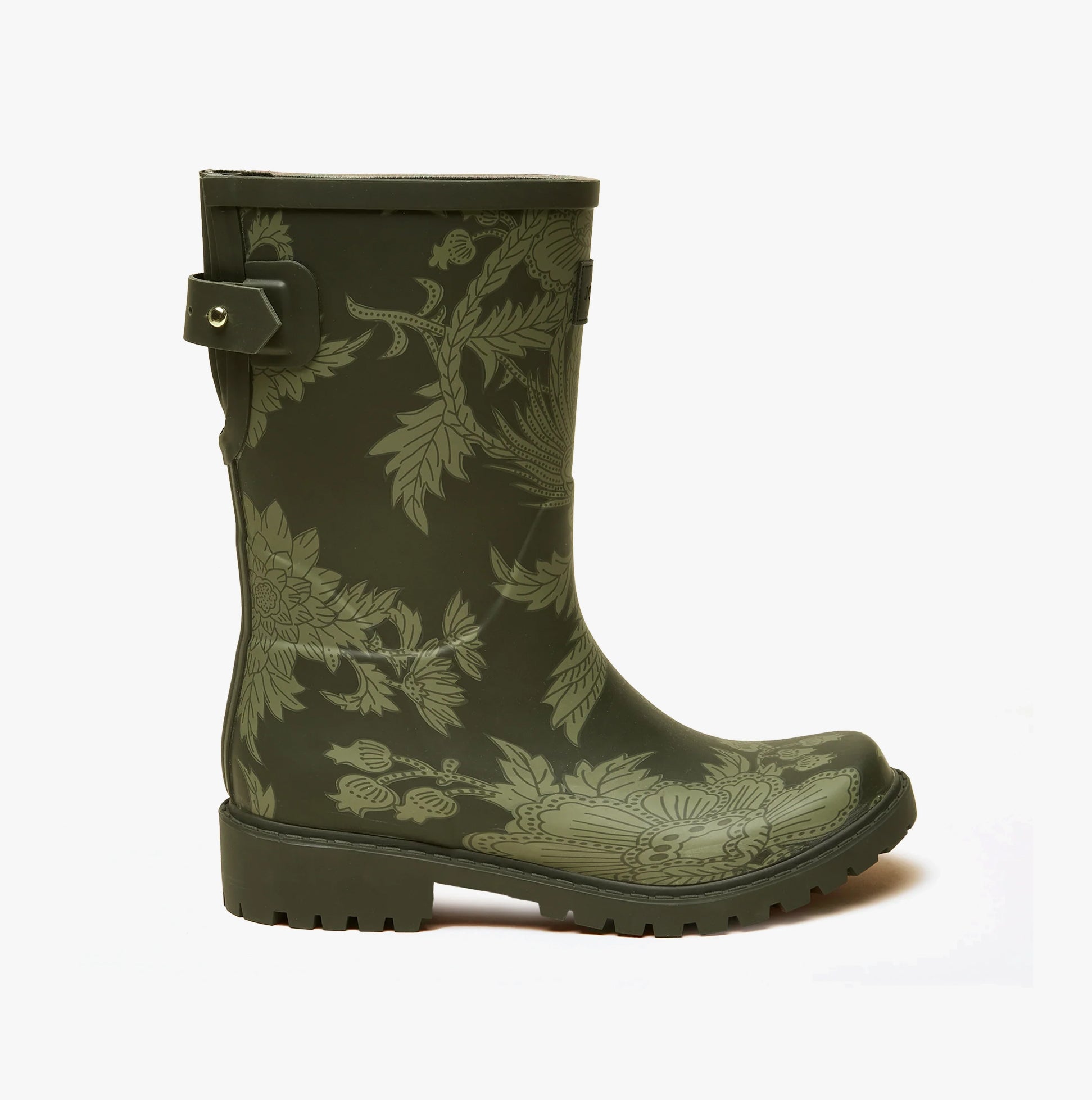 Joules WISTOW Womens Wellies Khaki Green side view showcasing floral design, adjustable strap, and low heel.