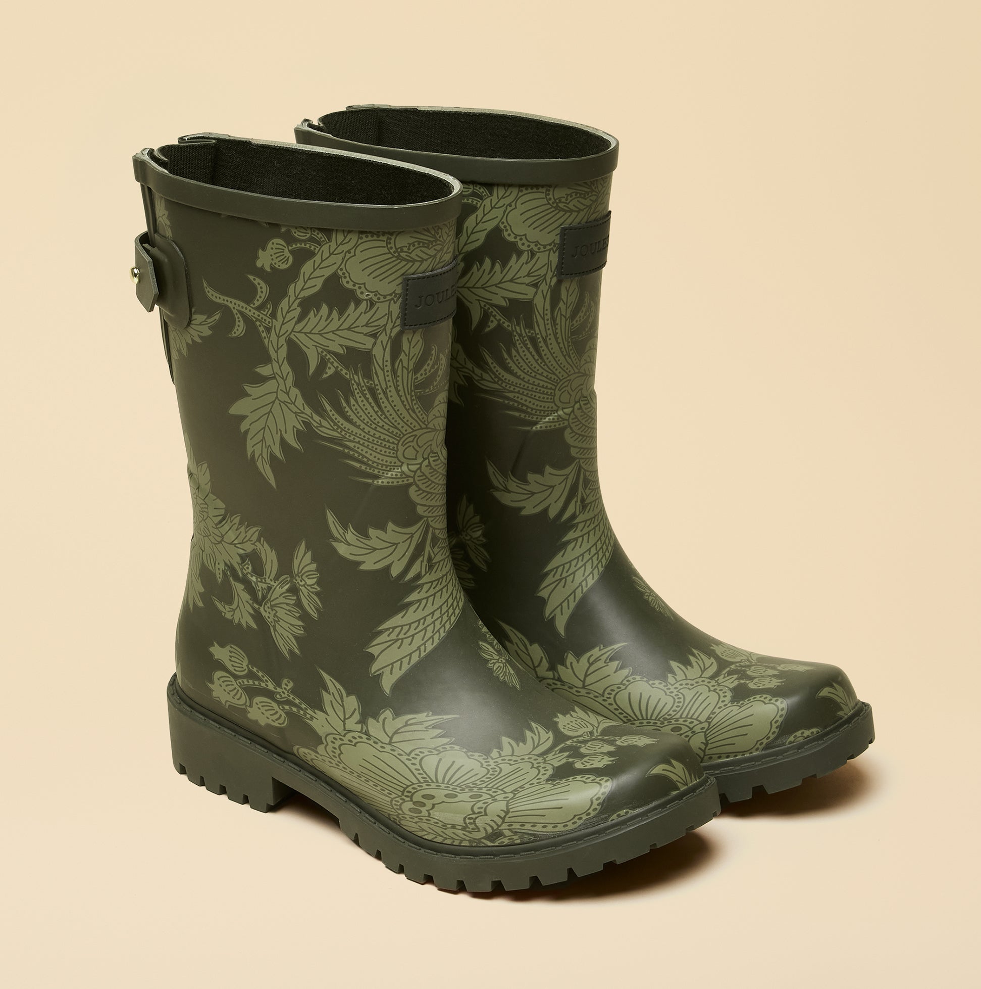 Joules WISTOW Womens Wellies Khaki Green side view showing floral design and adjustable strap.