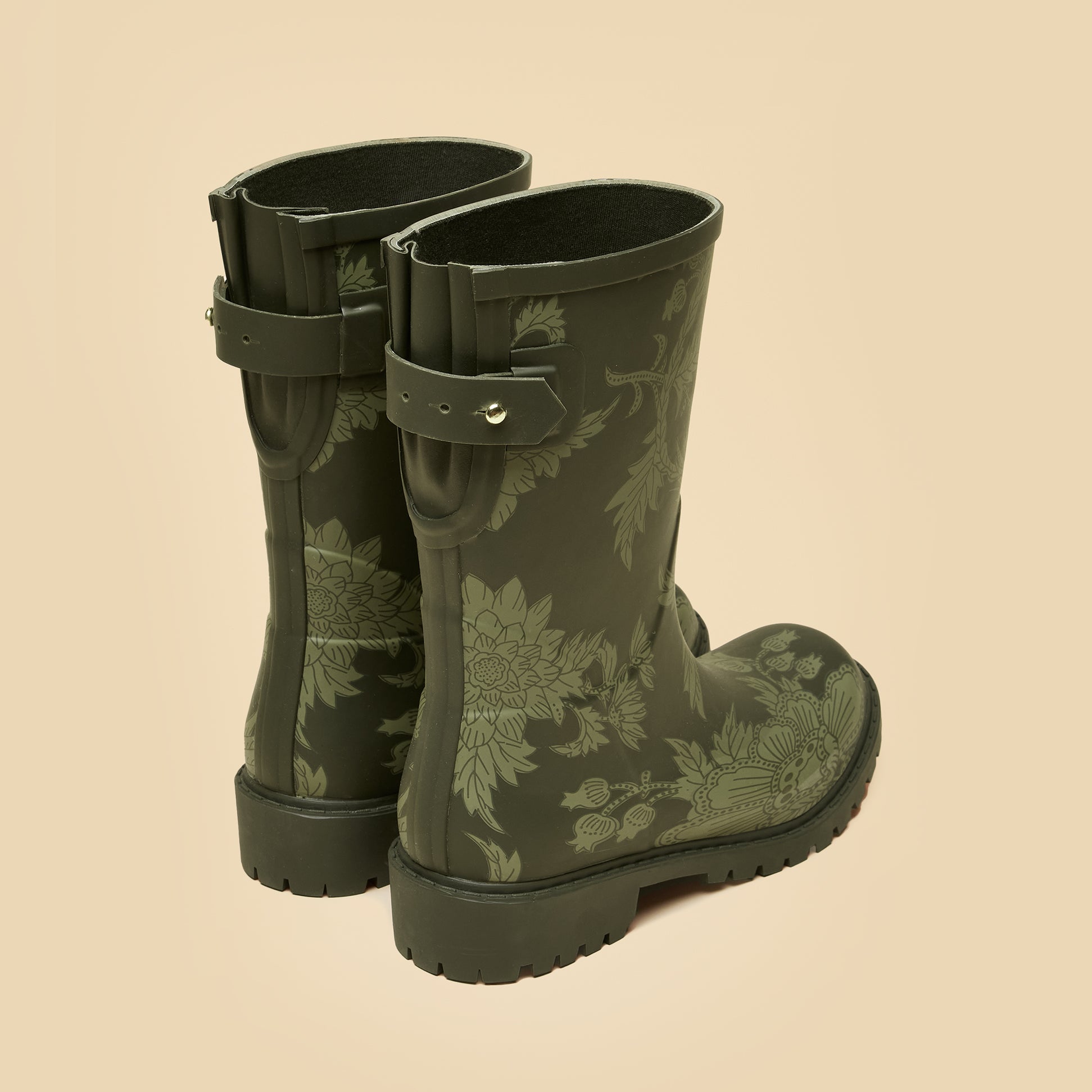 Joules WISTOW Womens Wellies Khaki Green rear view featuring adjustable buckle and floral design.