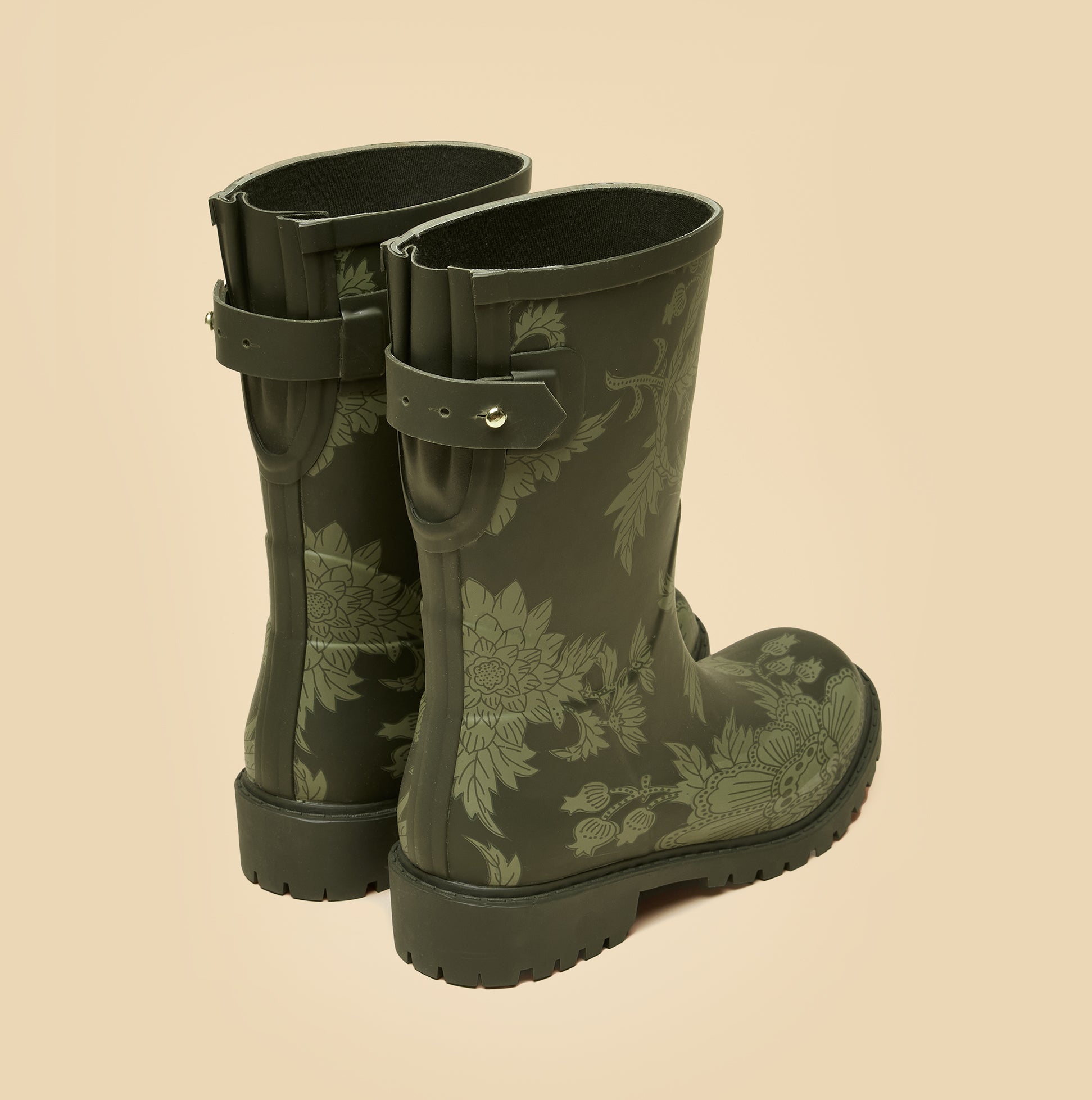 Joules WISTOW Womens Wellies Khaki Green rear view featuring adjustable buckle and floral design.