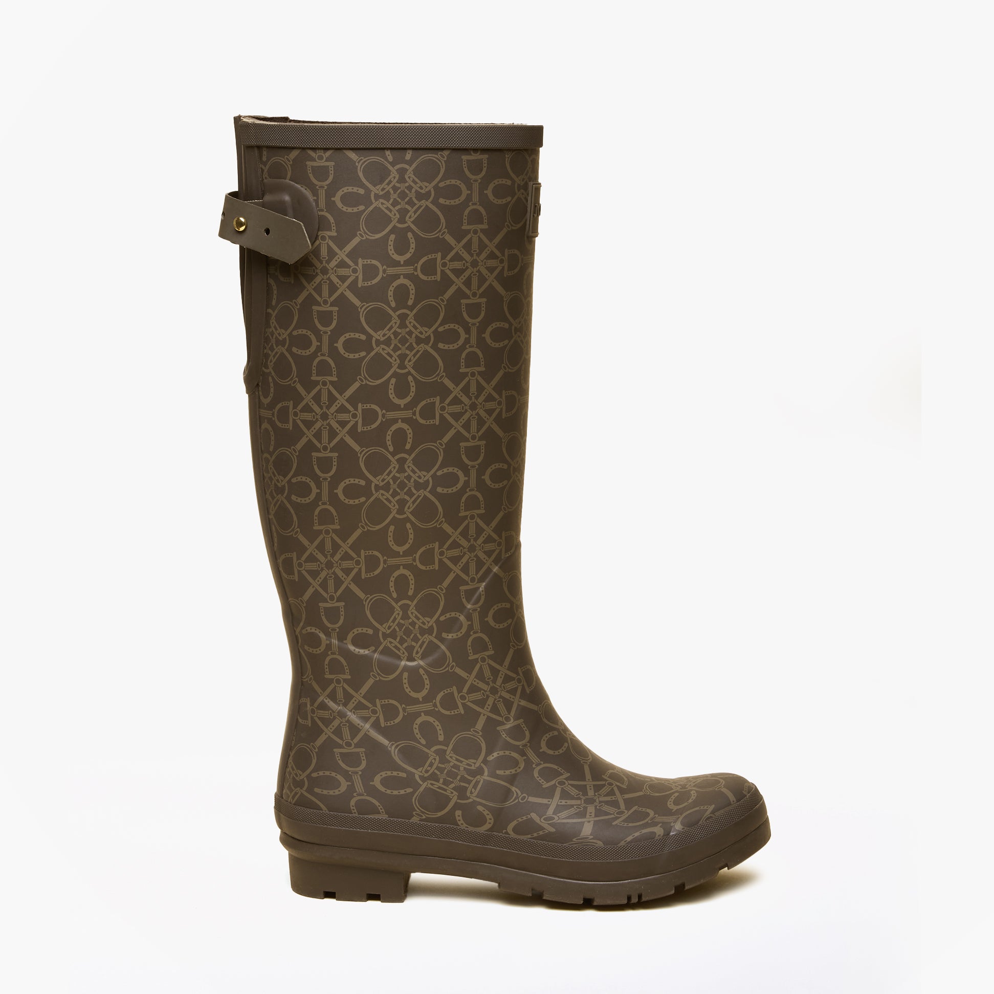 Joules WELLY PRINT Womens Wellington Boots Brown side view showing floral design and mid-calf height.