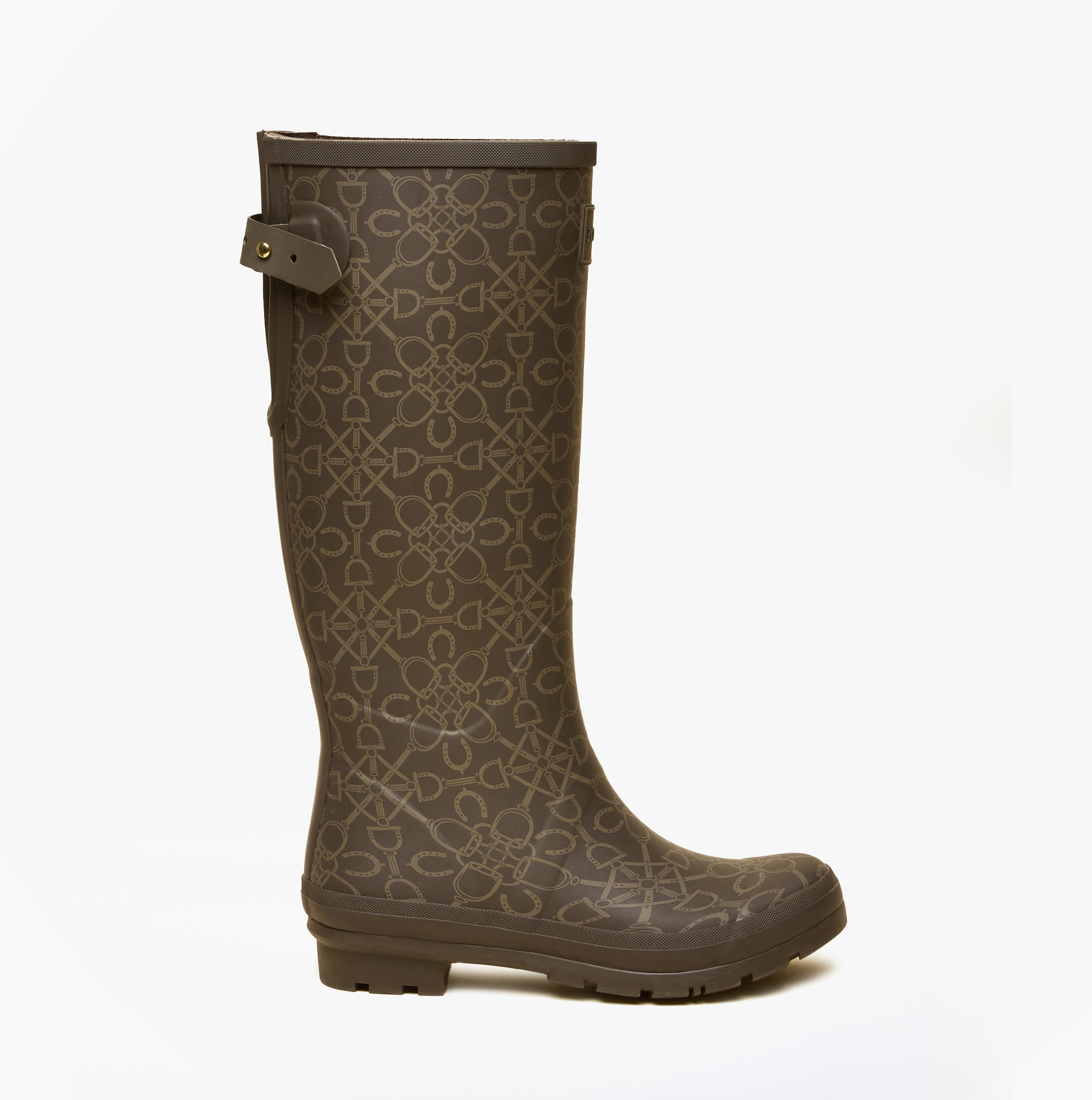 Joules WELLY PRINT Womens Wellington Boots Brown side view showing floral design and mid-calf height.